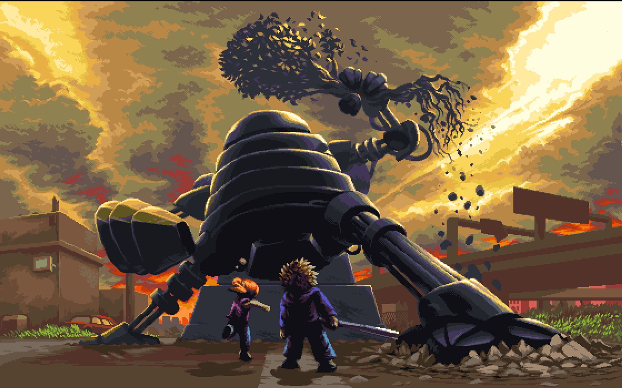 Pixel art of a scene depicting a 10-year-old boy and girl squaring off against a towering robotic enemy. The enemy holds an uprooted tree on its arm.