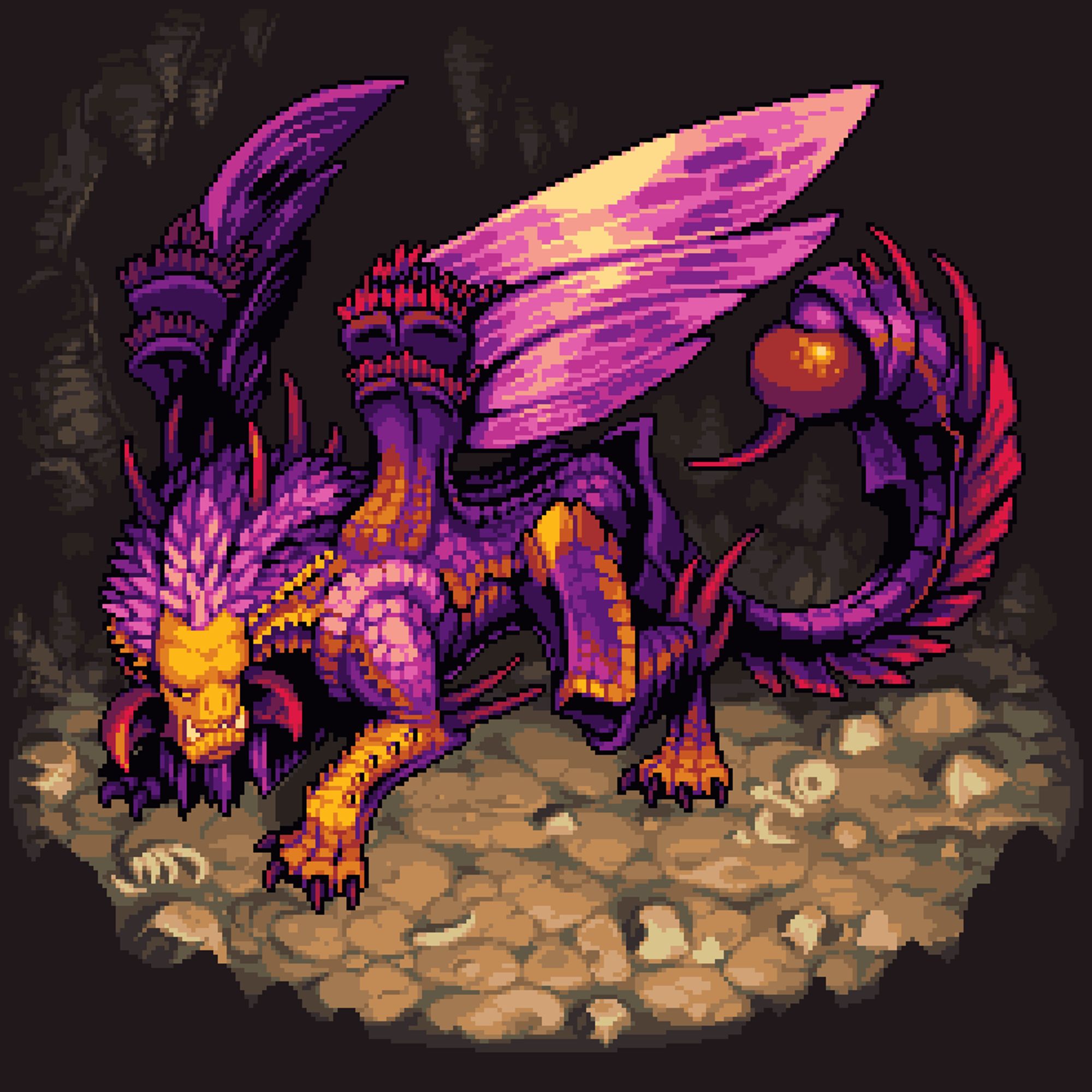 Pixel art of a purple and yellow manticore in a cave. It has insect-like wings.