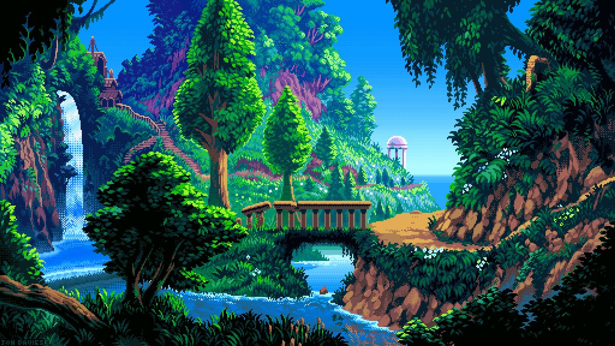 Pixel art of a chine, a foliage-filled valley with a river running through the centre of it.