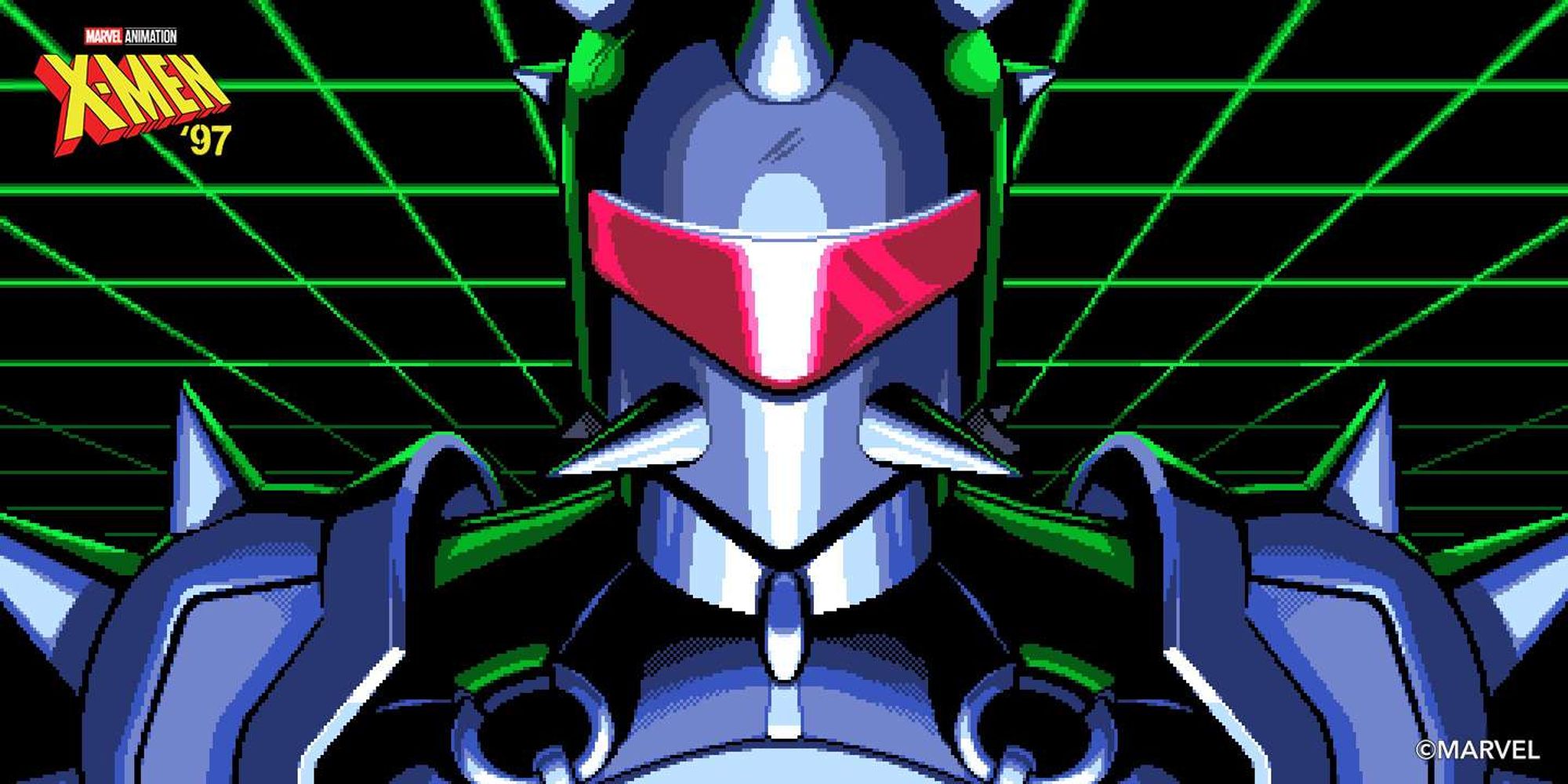 Pixel art depicting the character Abscissa looking directly forward at the camera. It shows a closeup of her head and shoulders area. She is standing in a cyberspace area and the green pixel grid is reflected on her suit.