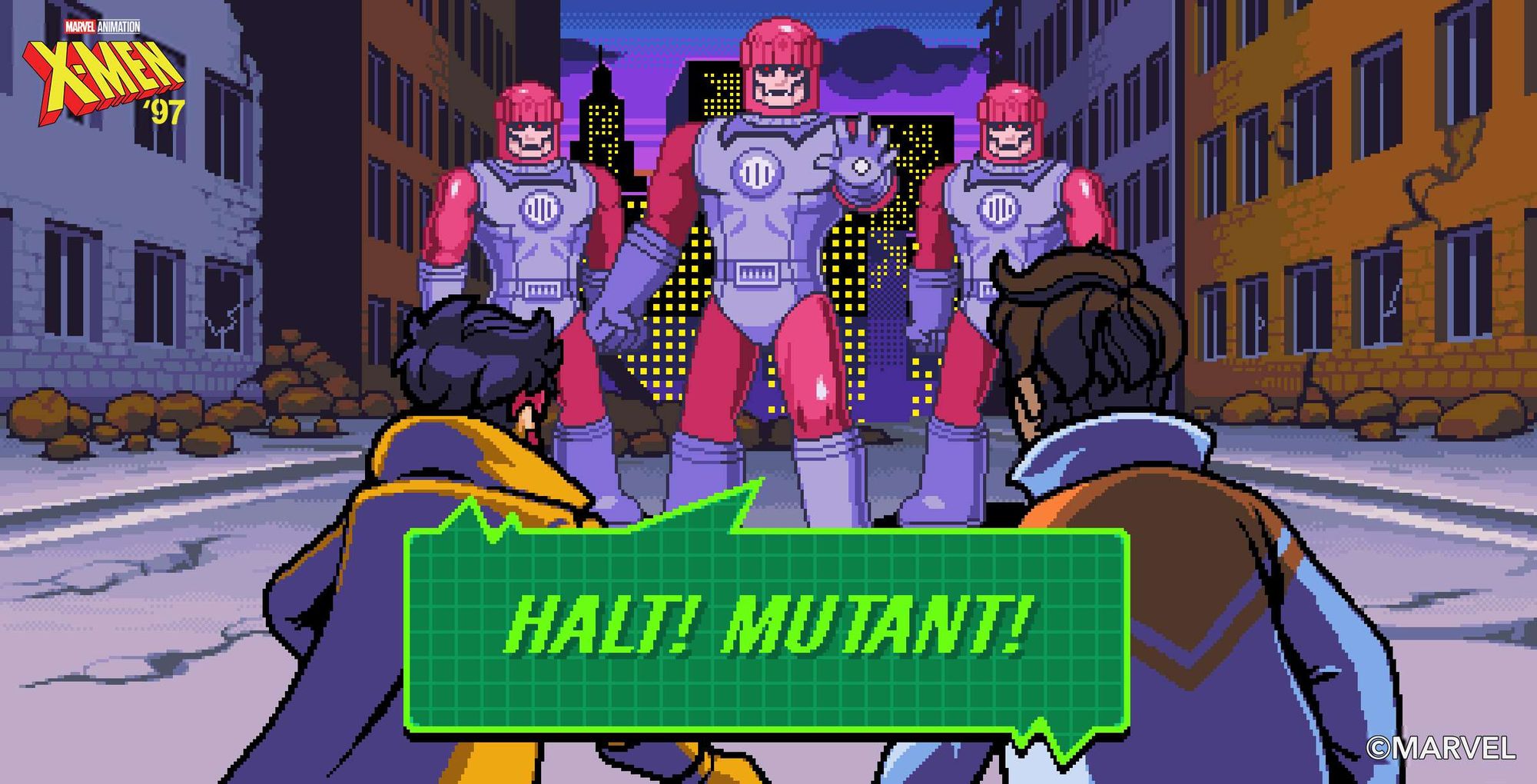 A pixel art scene where Jubilee and Roberto (their backs turned to the camera) are contronted by three Sentinels in a half-destroyed cityscape. One Sentinel has an outstretched arm, and a robotic green speech bubble appears with the words "HALT! MUTANT!" in it.