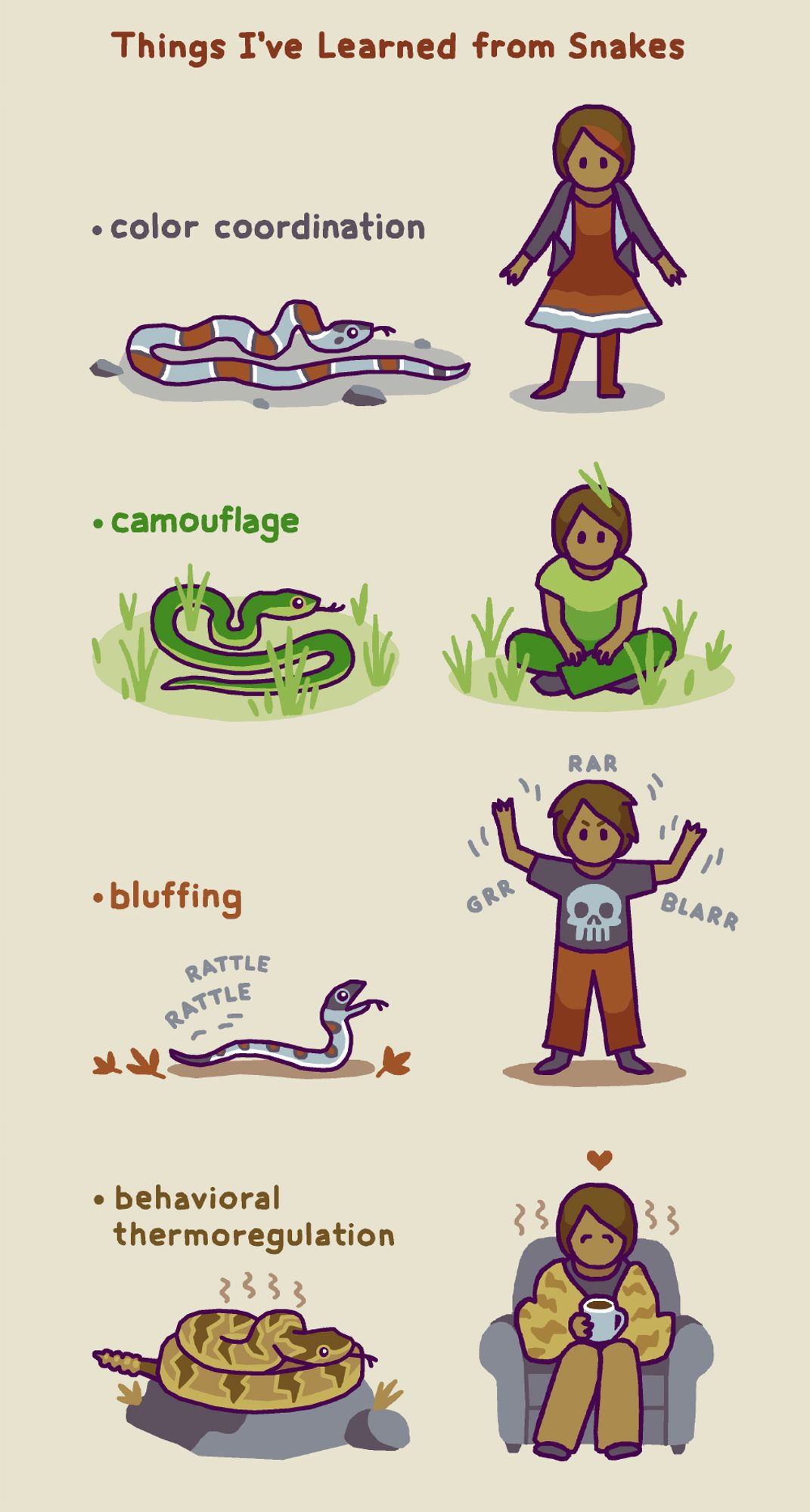 A four-panel comic called "Things I learned from snakes." In panel 1, labeled "color coordination," there's a beautiful grey-banded kingsnake striped with reds, whites, and greys next to a woman wearing a matching dress and jacket. In panel 2, labeled "camouflage," there's a smooth greensnake in the grass next to a woman wearing greens and hiding in the grass. In panel 3, labeled "bluffing," there's a baby north american racer rattling its tail to look like a rattlesnake, next to a woman wearing a skull shirt and growling ferociously. In panel 4, labeled "behavioral thermoregulation," there's a timber rattlesnake warming itself on a rock, next to a woman warming herself in a cozy chair drinking a tea.