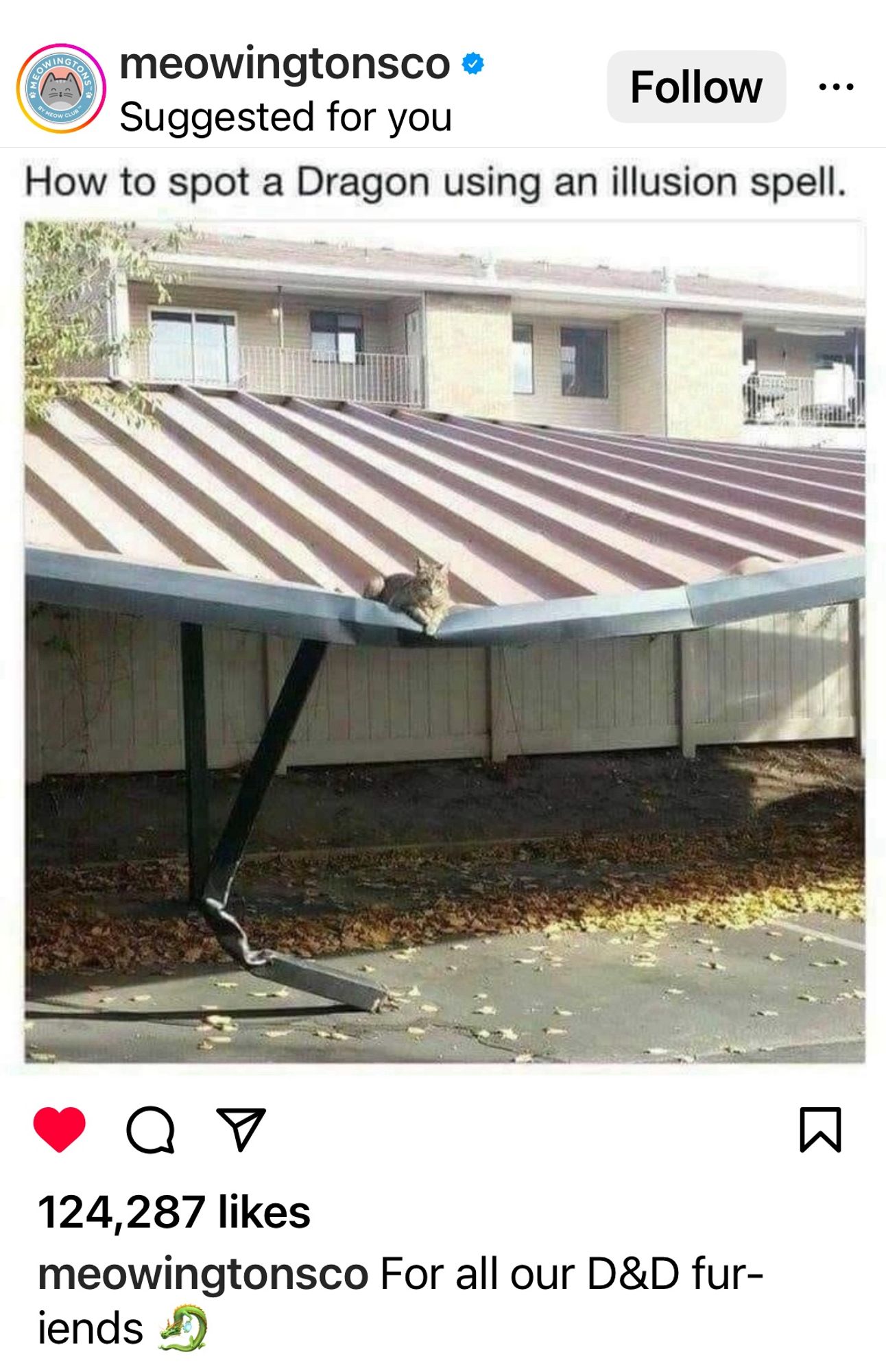 Screenshot from @ meowingtonsco of a cat sitting in the lowest crease of a collapsing metal carport awning, giving the impression it is straining under the cat’s weight, with the caption “how to spot a dragon using an illusion spell”.