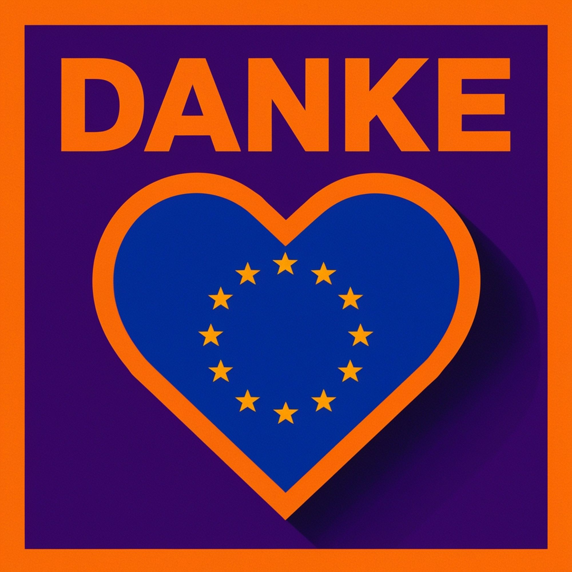 Ein oranges Danke und ein Herz mit Europasternen.