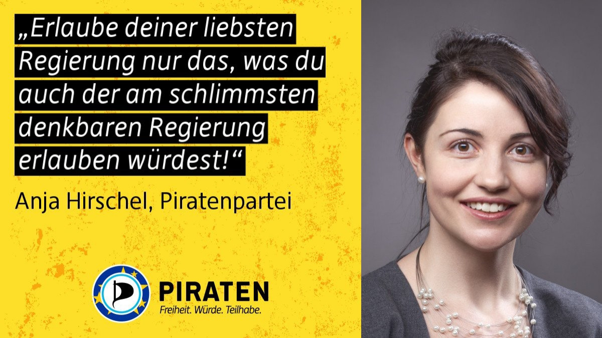 Sharepic mit Anja und dem Spruch
Erlaube deiner liebsten Regierung nur das, was du auch der am schlimmsten denkbaren Regierung erlauben würdest!