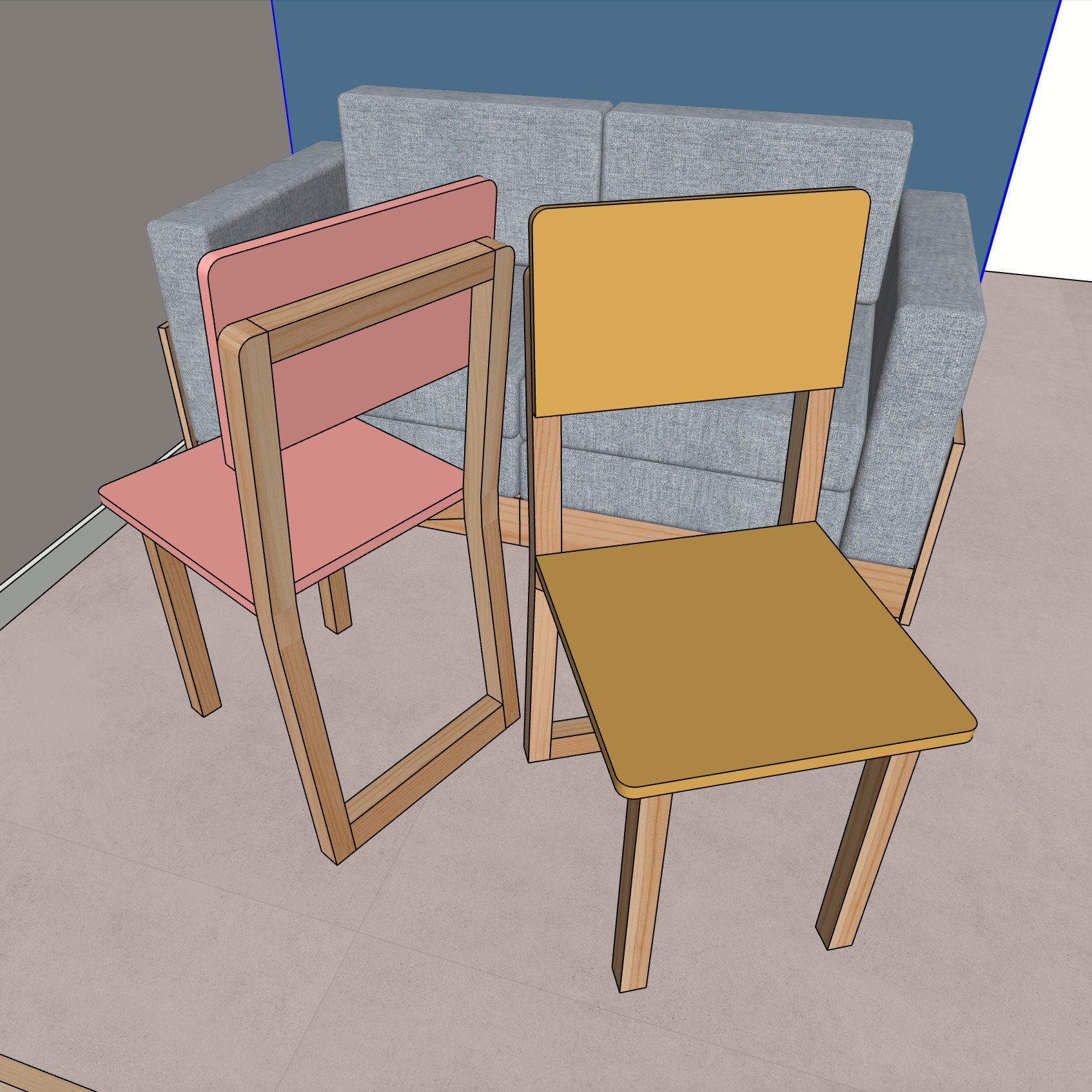 Projeto de duas cadeiras de jantar e um sofá, feito no Sketchup, em um ângulo meio distorcido. Uma das cadeiras é rosa e outra amarela, as duas com as pernas e base de sustentação em acabamento de madeira. O tecido do sofá é cinza e sua base é em madeira, no mesmo material das cadeiras.