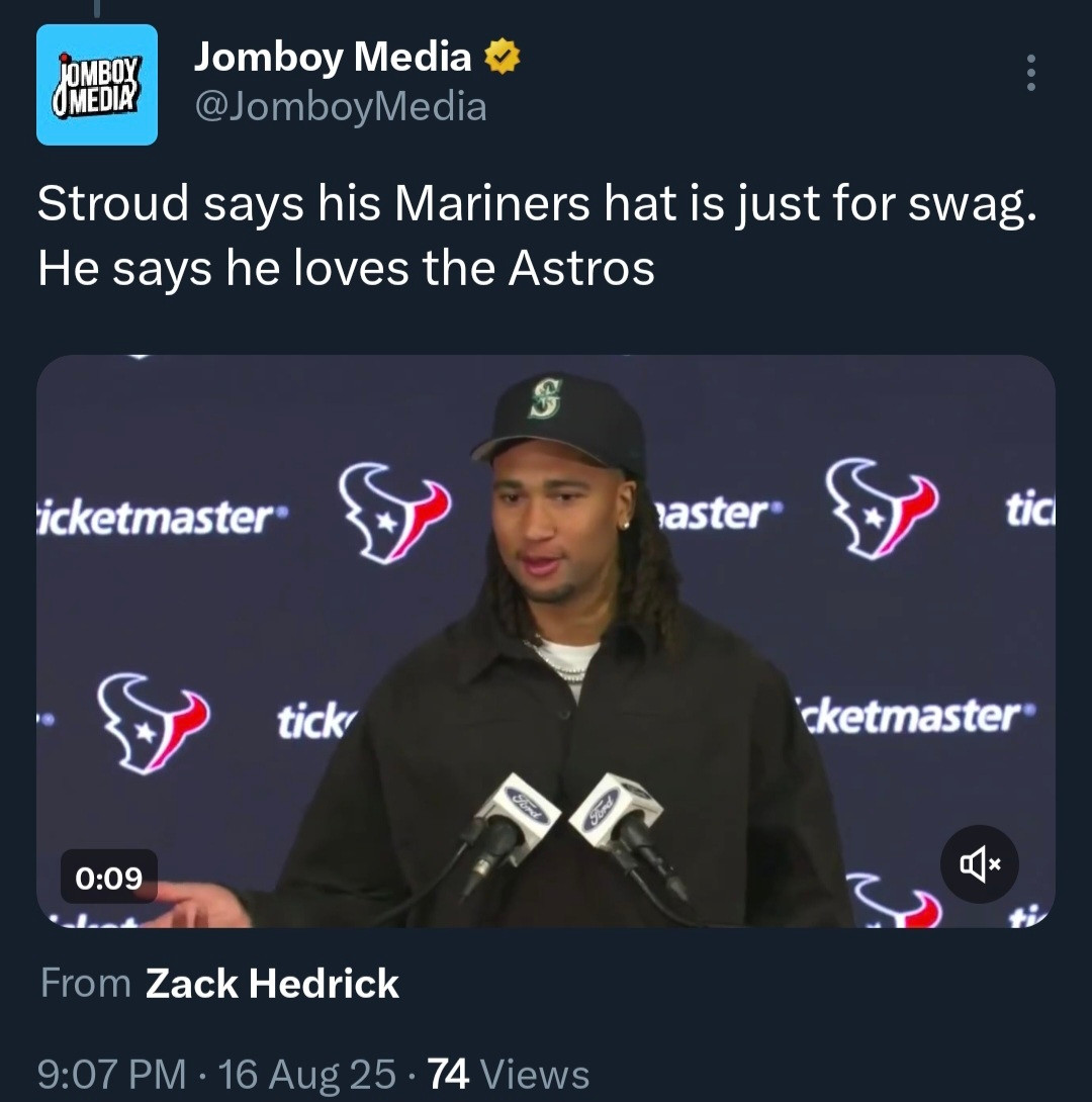 Jomboy Media @JomboyMedia
Stroud says his Mariners hat IS just for swag. He says ne loves the Astros