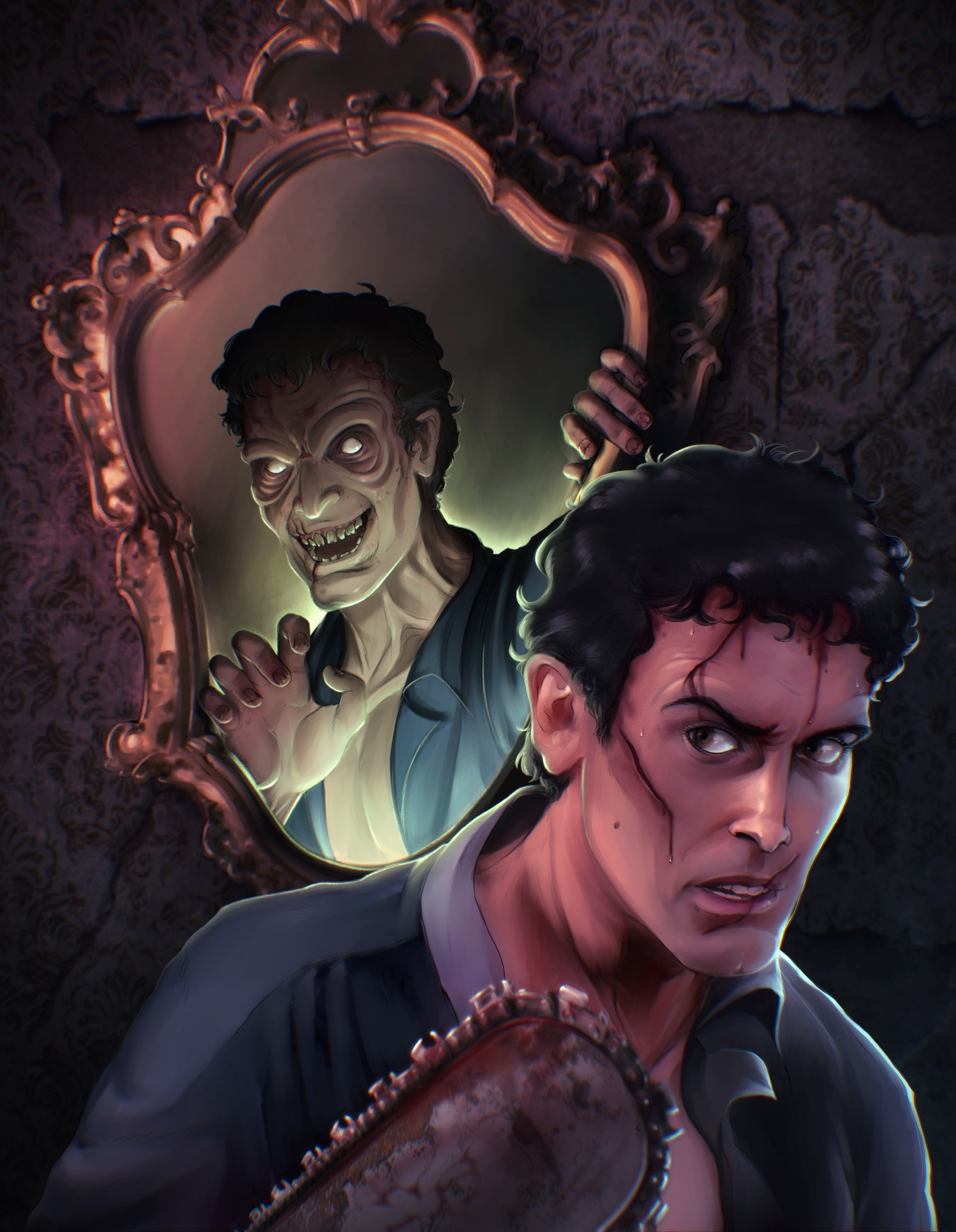 Ash from the film Evil Dead glancing to the side, nervous. Evil Ash is behind him, slowly emerging from a mirror.