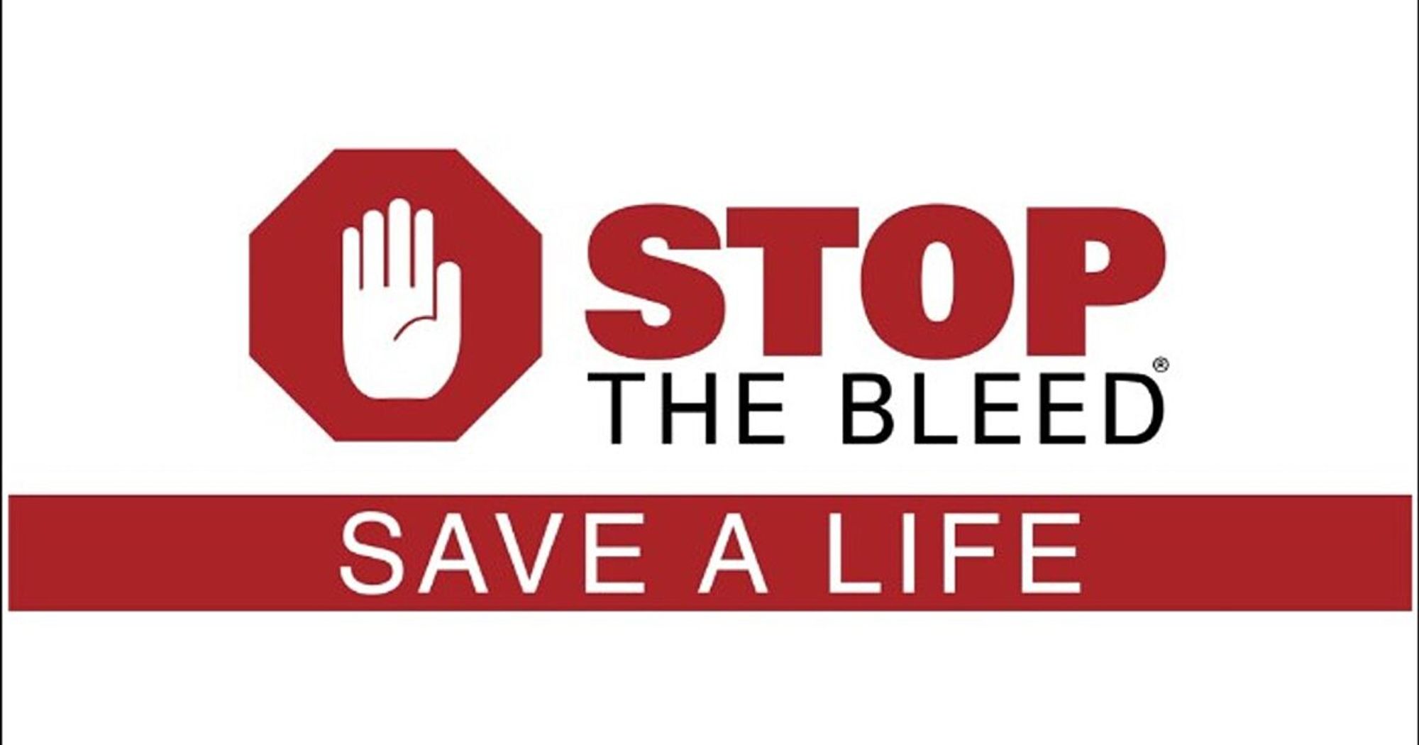 Stop sign with an open hand next to the words "Stop the Bleed, Save a life"