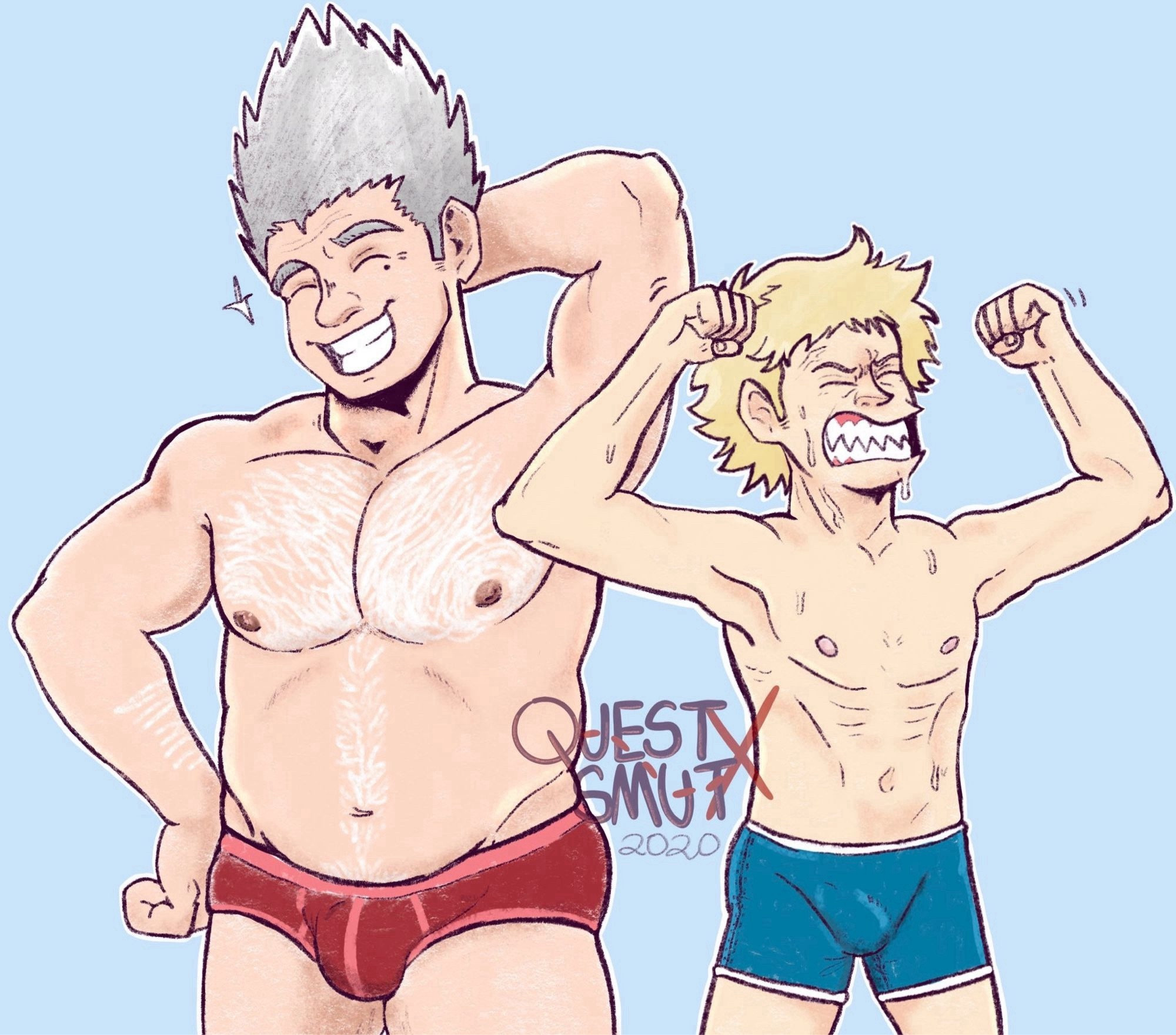 [OCs/NSFW-ish] A heavy set, partially toned man with tall, spiky gray hair, Frank, is standing to the left a very skinny man with sharp teeth and disheveled blonde hair, Cooper. Frank in red, close-fitting underwear, Cooper in blue, form-fitting briefs. Frank is posing with one hand on his hip the other behind his head; taking no effort at all to show off his muscles. He has a big smile on his face and his eyes are closed. Cooper is flexing as hard as he can, sweating, teeth clenched, eyes shut tightly, trying to scrounge up any kind of toned muscle he can (to no avail), his ribs just peaking out.