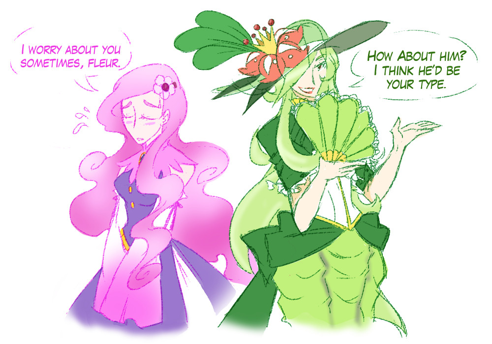 An image with a female Musharna gijinka and a Lilligant gijinka standing about casually. The Lilligant, whilst holding open a fan, asks the Musharna "How about him? I think he'd be your type," while the Musharna sighs in exasperation and replies "I worry about you sometimes, Fleur."