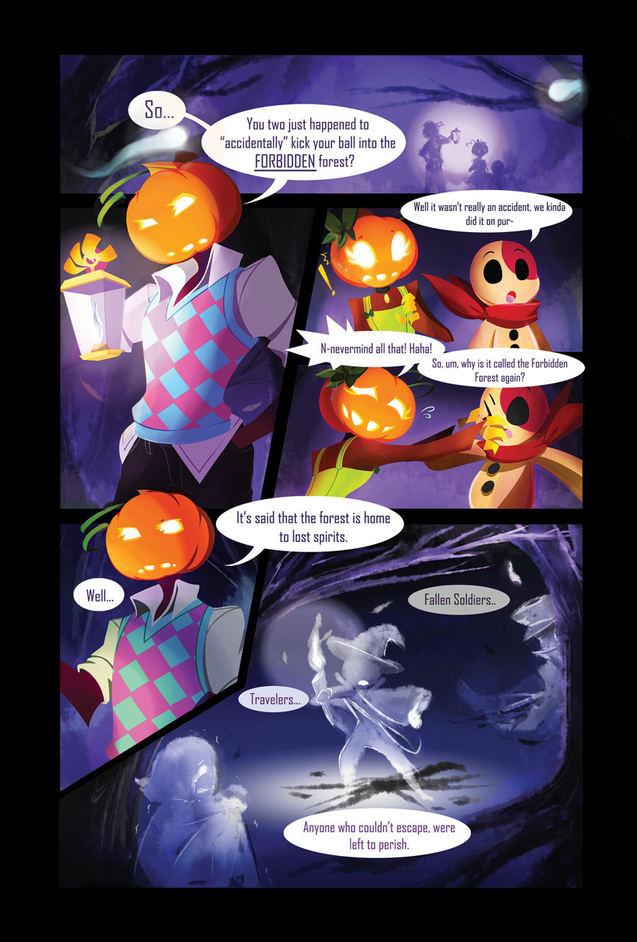 Page 1 of a 4 page comic: A older teenage looking pumpkinhead asks two children, a stuffed looking toy and a pumpkinhead girl, why they kicked their ball into the forest, explaining the origins of why it is forbidden.