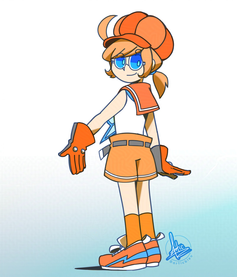 A picture of a young child-looking Rotom gijinka with their back turned but the face turned to look at the viewer. They're wearing an orange paperboy cap, a sleeveless sailor shirt, orange and gray gloves, orange shorts with a belt, orange knee high socks, and orange sneakers with a blue lightning bolt on the sides.