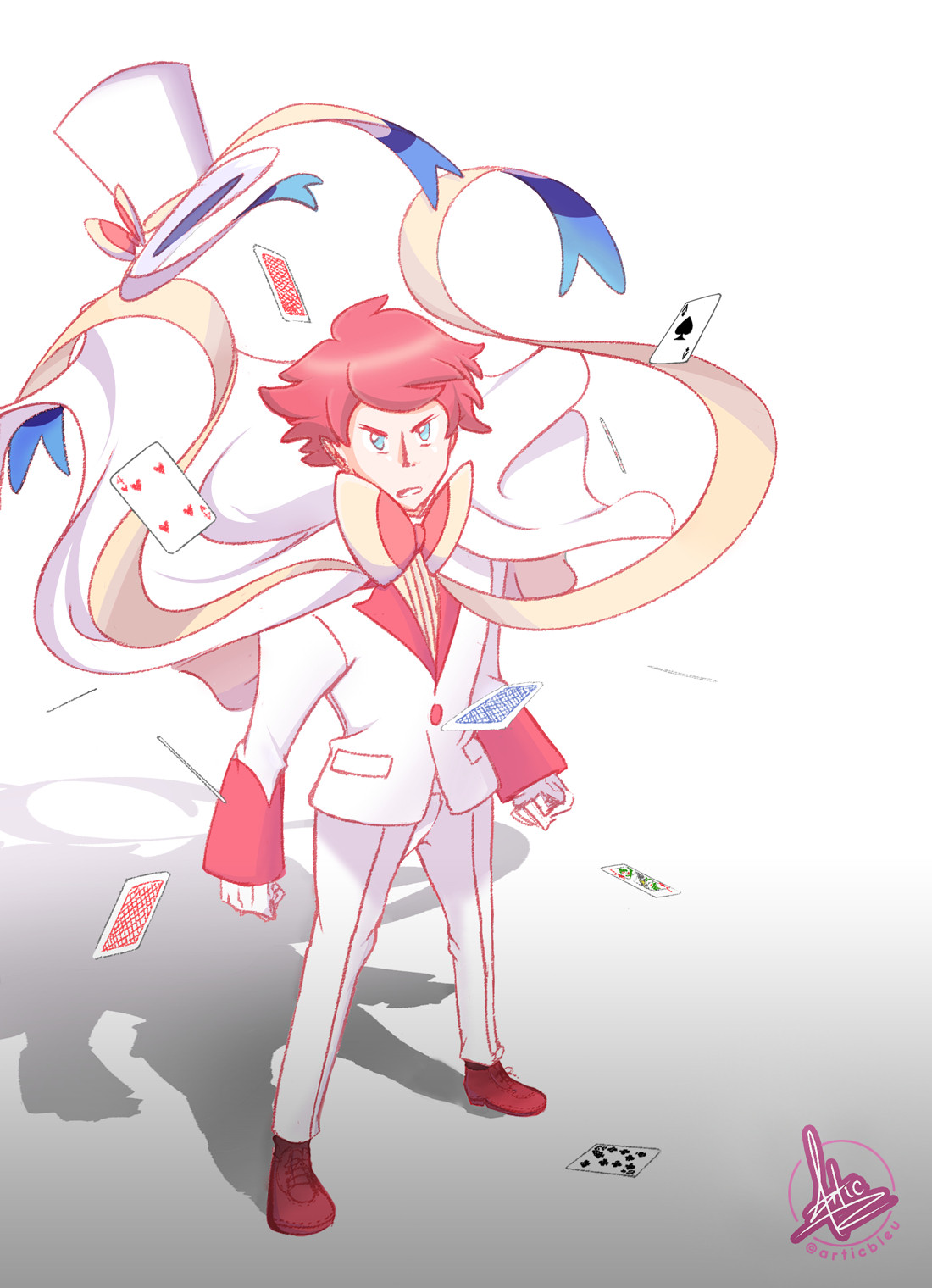 A male Sylveon gijinka looking upward from a slight top-down angle with a determined and serious expression as a gust of wind seems to have blown away his cards all around him, his white hat flung off his head, and the long streamer-like ribbons attached to his large bowtie have been thrown into artful disarray.