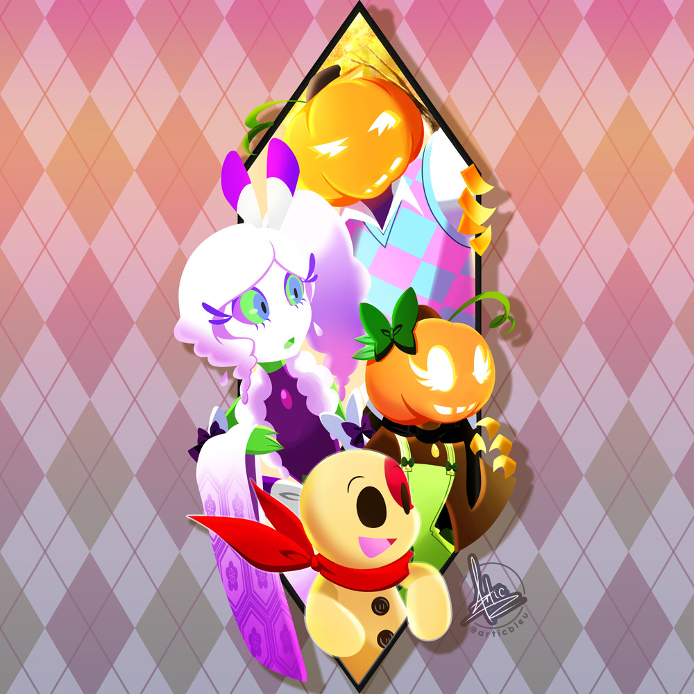 An image of 4 nonhuman characters poking their heads out of a hexagon shaped entry way. At the top is a grumpy looking pumpkinhead gripping the side of the hexagon, below him is a purple flower-looking fairy looking astonished, as well as a curious looking pumpkin girl.  At the bottom is a cute looking stuffed toy with a red patch over his eye and a red scarf around his neck looking excited.