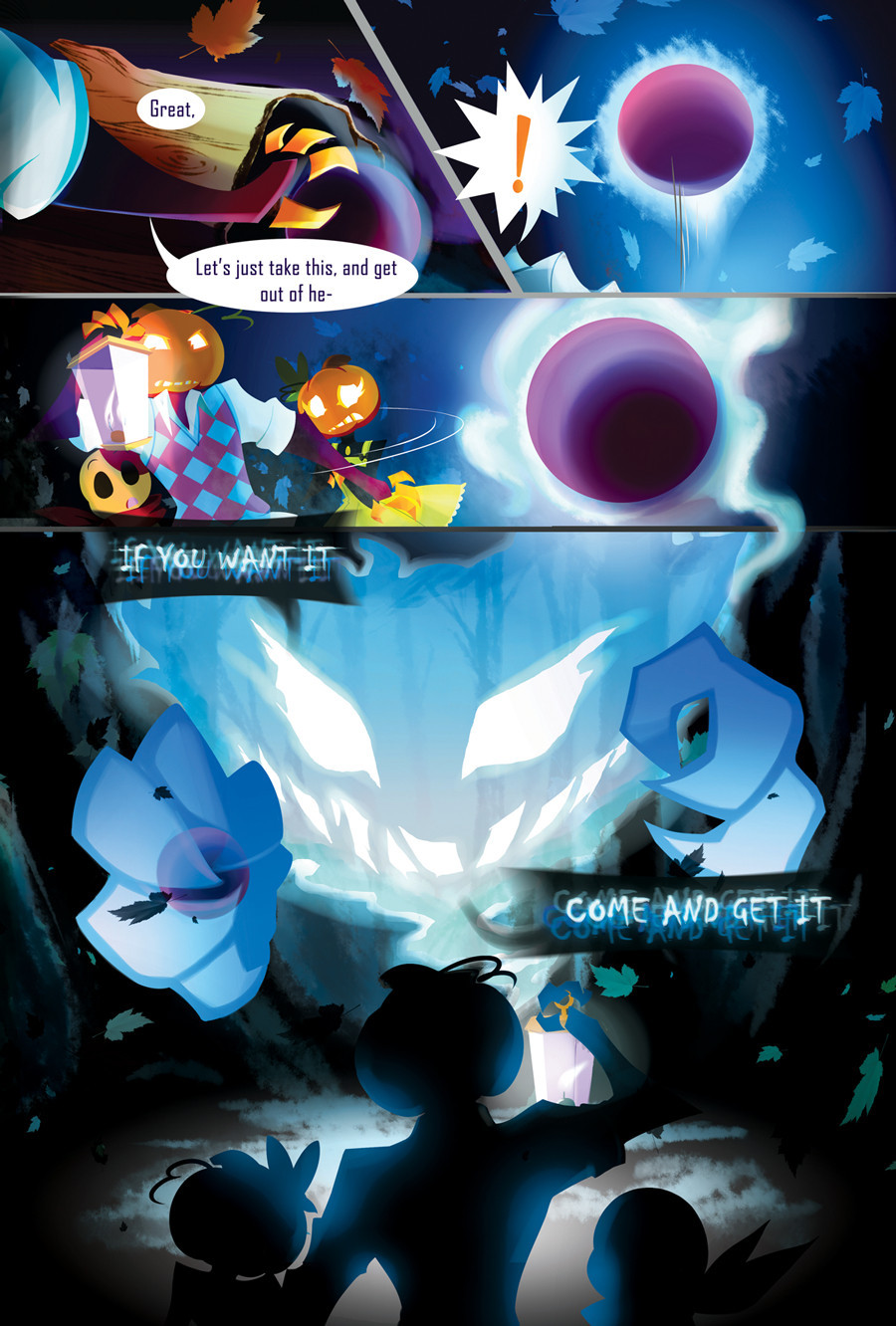 Page 3 of a 4 page comic: As the teenage pumpkinhead reaches for the ball, it starts floating with an eerie energy and then manifests a ghostly phantasm that dares them to try and grab it.