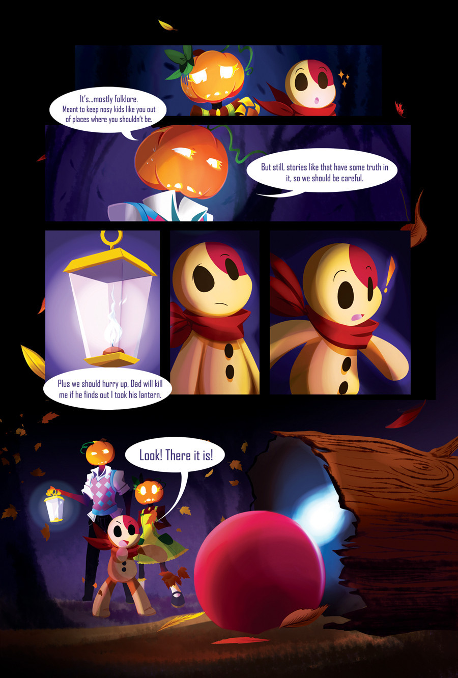 Page 2 of a 4 page comic: The teenage pumpkinhead warns the two kids that they should be careful and also that he has to return the lantern that they borrowed. The stuffed toy notices and points out the lost ball which landed near a log.