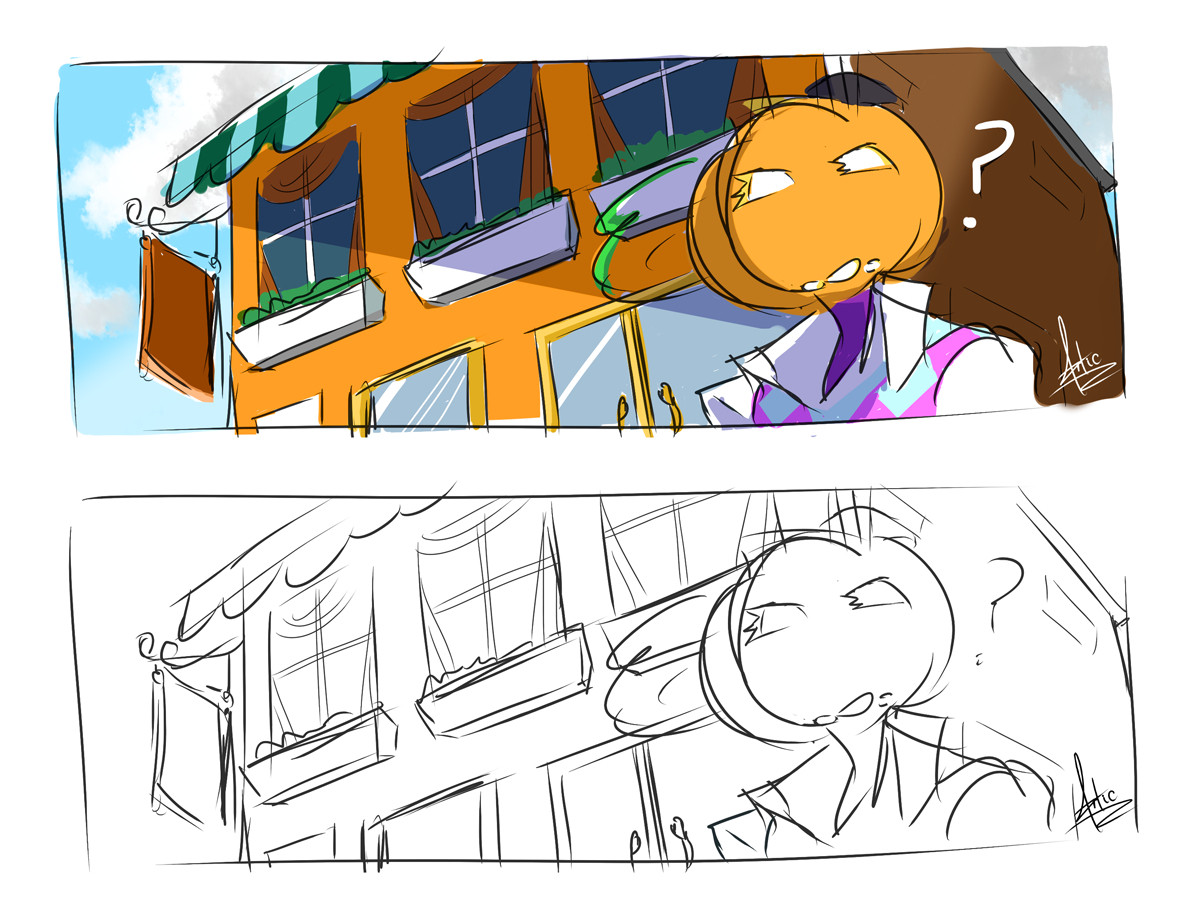 Two narrow images (one colored and one uncolored) of a pumpkinhead character in front of a building with flower boxes, a hanging sign, and a striped green awning, looking confusedly at someone off screen.