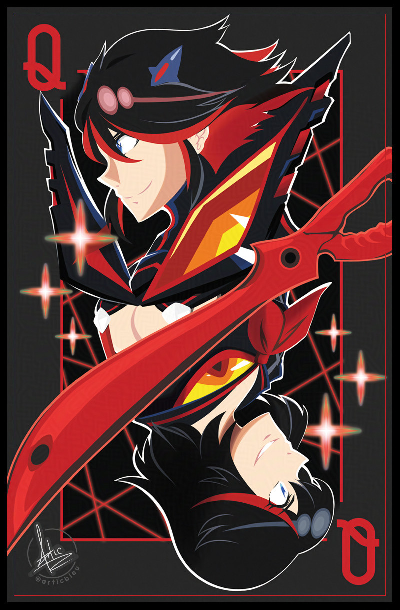 An illustration of Ryuko Matoi from the anime Kill La Kill, on top is her in her transformed state wearing Senketsu, the bottom is her in her normal school uniform, mirrored as if they were on a playing card, seperated by a large red scissor blade.