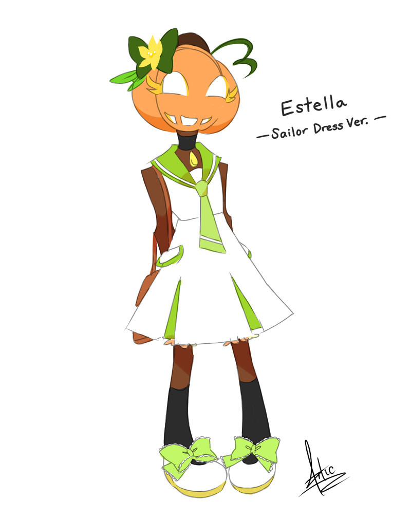 A cute little pumpkinhead girl wearing a sleeveless sailor uniform themed dress, with a green collar and tie, as well as knee high black socks and a pair of white mary jane shoes adorned with green ribbons. She also has a small brown bag on her shoulder as well as a green bow on her head with a pumpkin flower affixed to it.