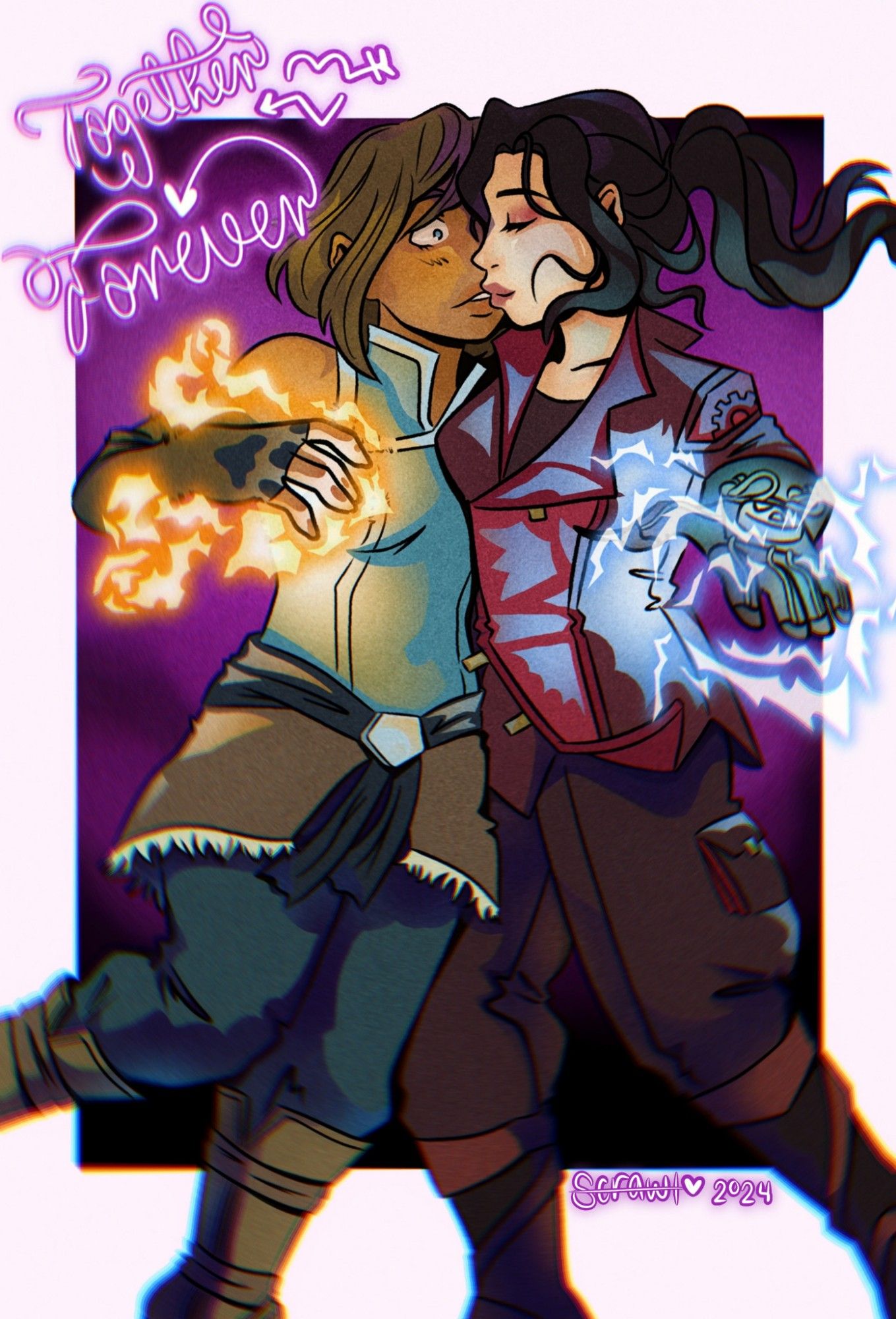 A digital drawing of Avatar Korra and Asami Sato on a purple background. Asami is using her electrified glove while embracing and reaching Korra for a kiss. Korra is making fire control while the flames form a heart.