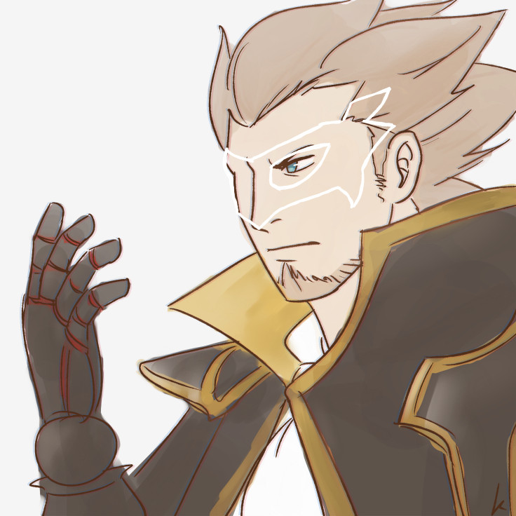 a drawing of kaiser oblivion from bravely second. his mask is an outline, revealing his face underneath