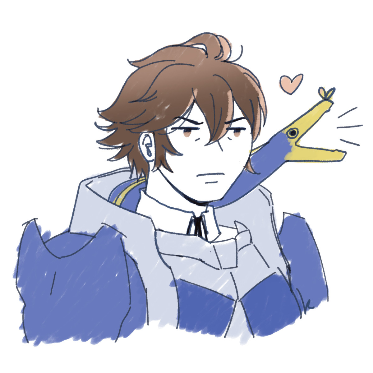 a drawing of an unamused frederick from fire emblem awakening and a happy ribbon eel next to him