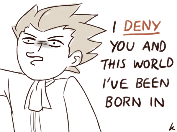 a drawing of young denys from bravely second saying "i deny you and this world i've been born in"