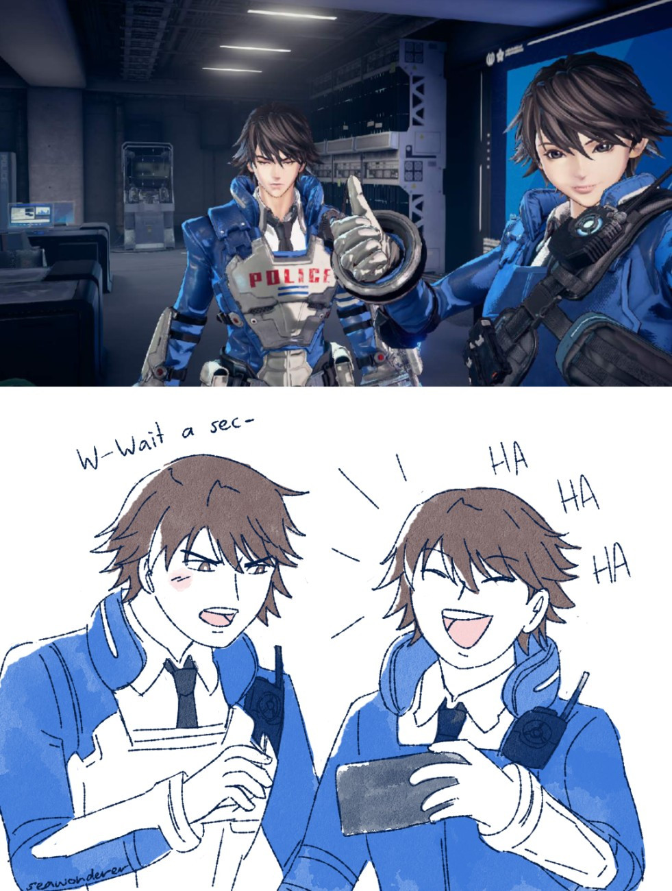 a screenshot of the akira howard twins from astral chain posing for a photo. underneath the screenshot is a drawing of the twins reacting to the photo - female akira is laughing while male akira is embarrassed 