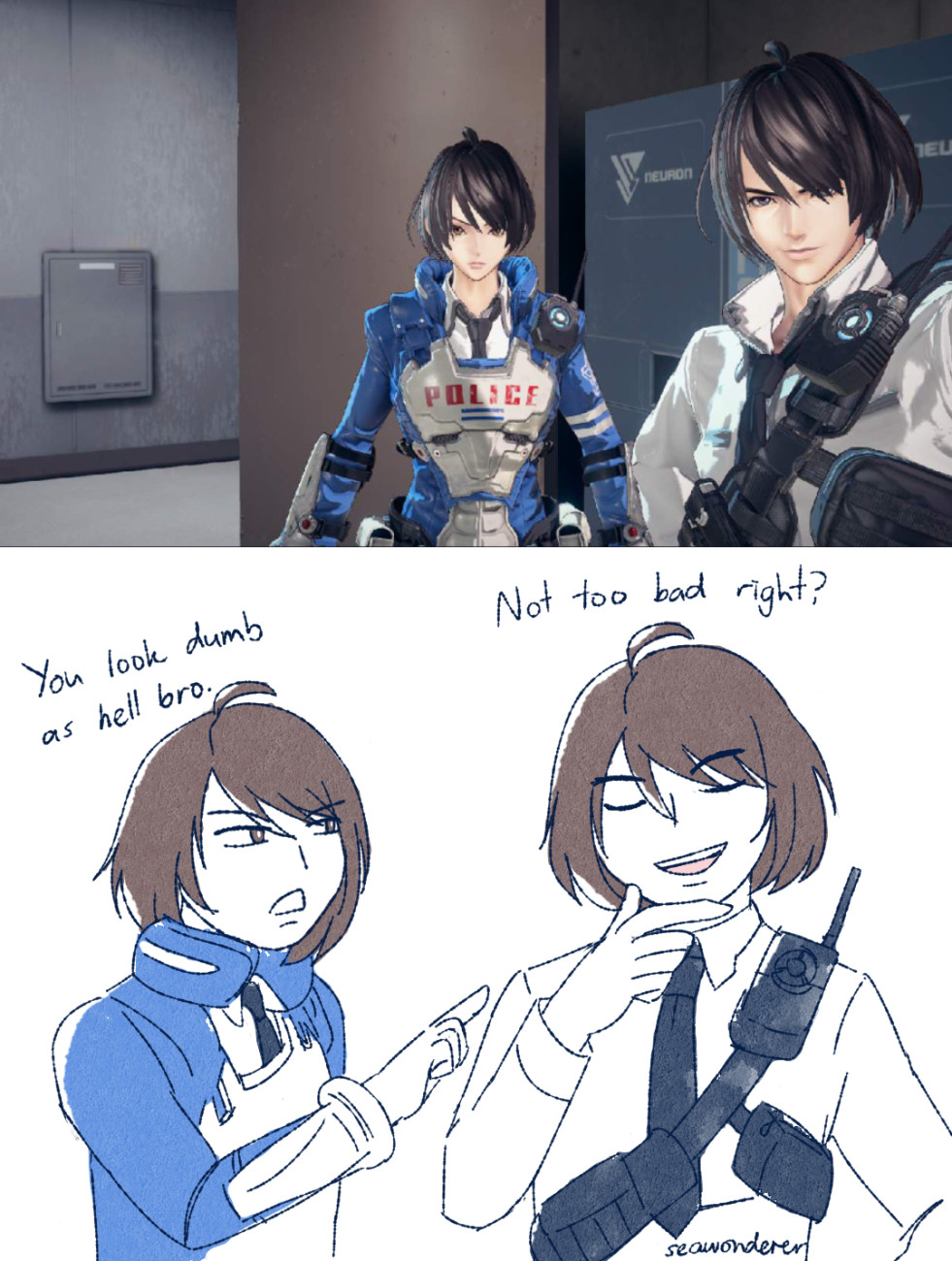 a screenshot of the akira howard twins from astral chain posing for a photo. underneath the screenshot is a drawing of the twins reacting to the photo - male akira is feeling chuffed while female akira is mocking him