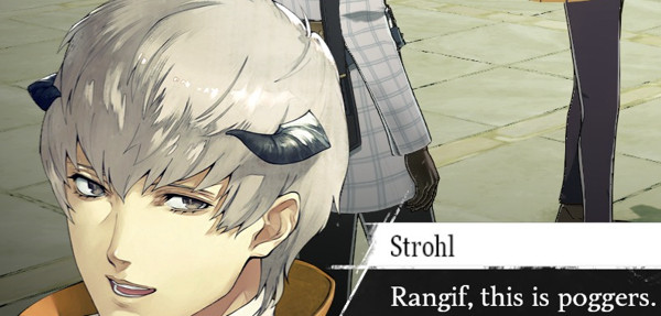 a screenshot of strohl from metaphor refantazio saying "rangif, this is poggers"