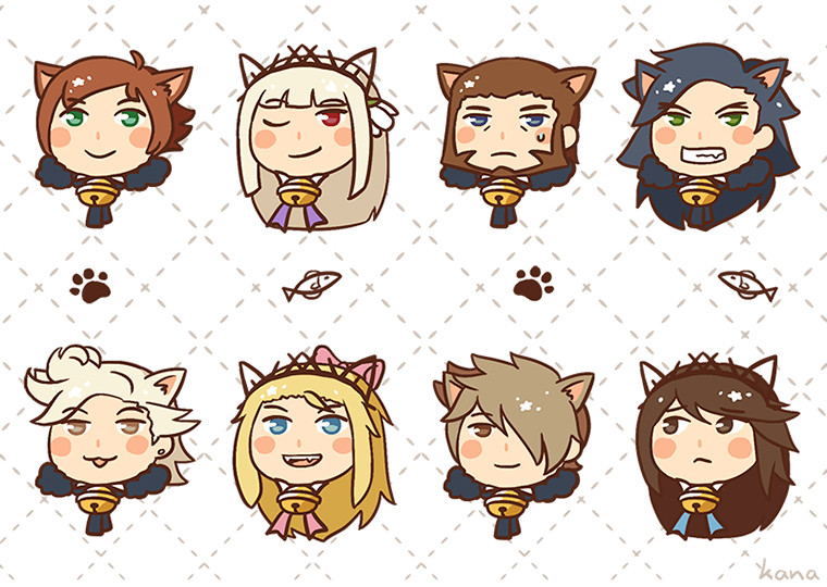 a chibi head drawing of yew, magnolia, nikolai, janne, ringabel, edea, tiz, and agnes from the bravely default/second series in catmancer outfits