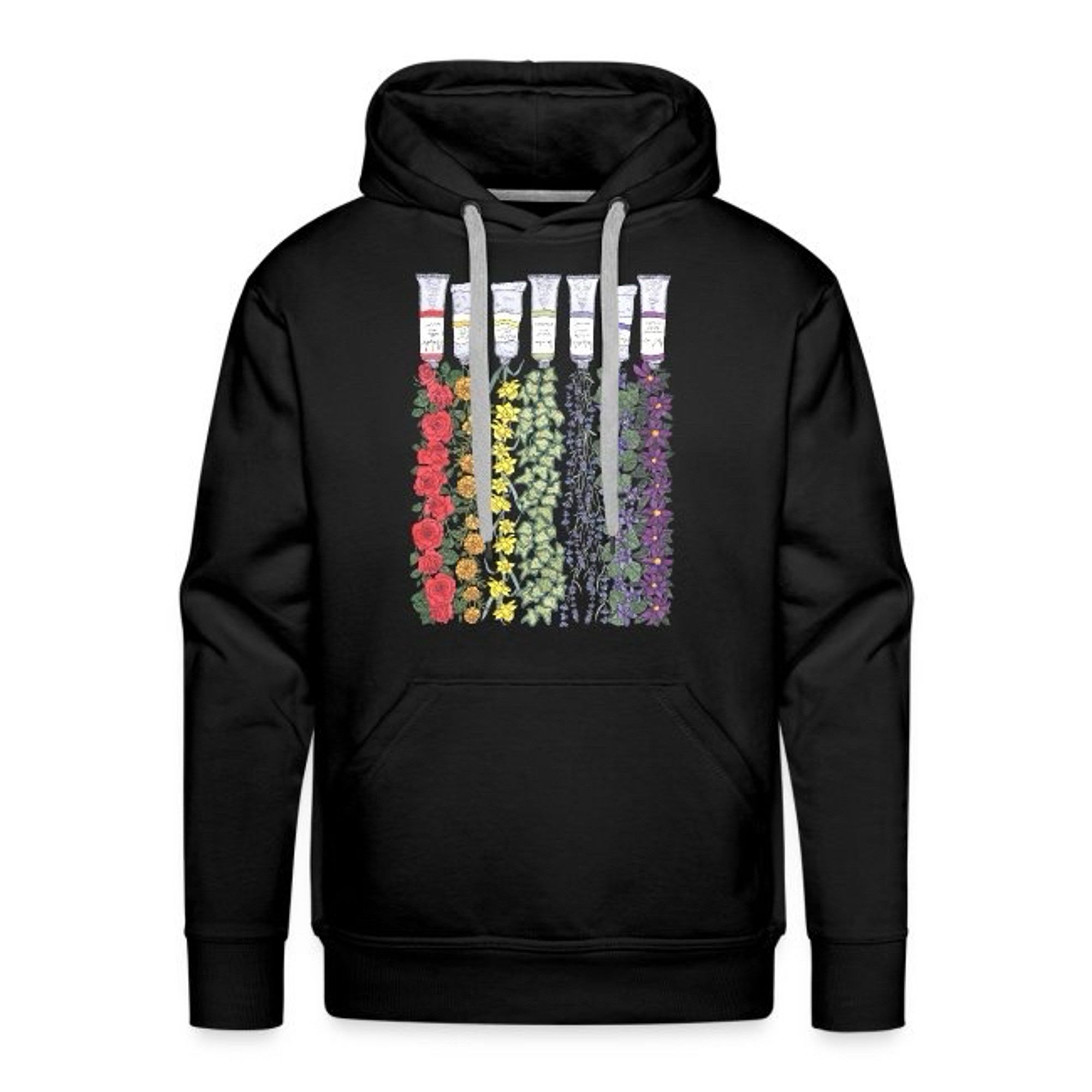 A black hoodie with an illustration on the front of a row of paint tubes with flowers and foliage spilling out from them forming a vertical rainbow.