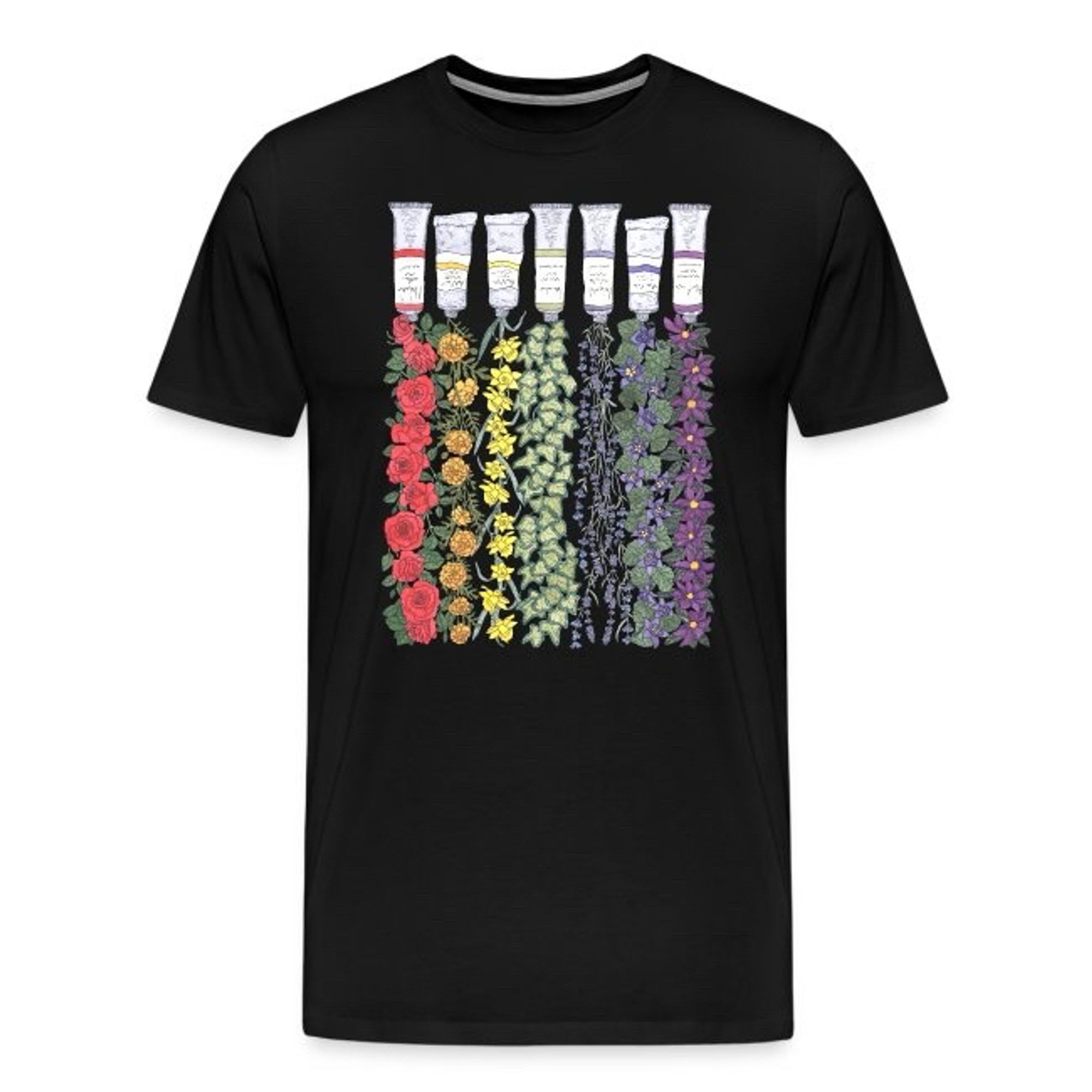 A black T-shirt with an illustration on the front of a row of paint tubes with flowers and foliage spilling out from them forming a vertical rainbow.