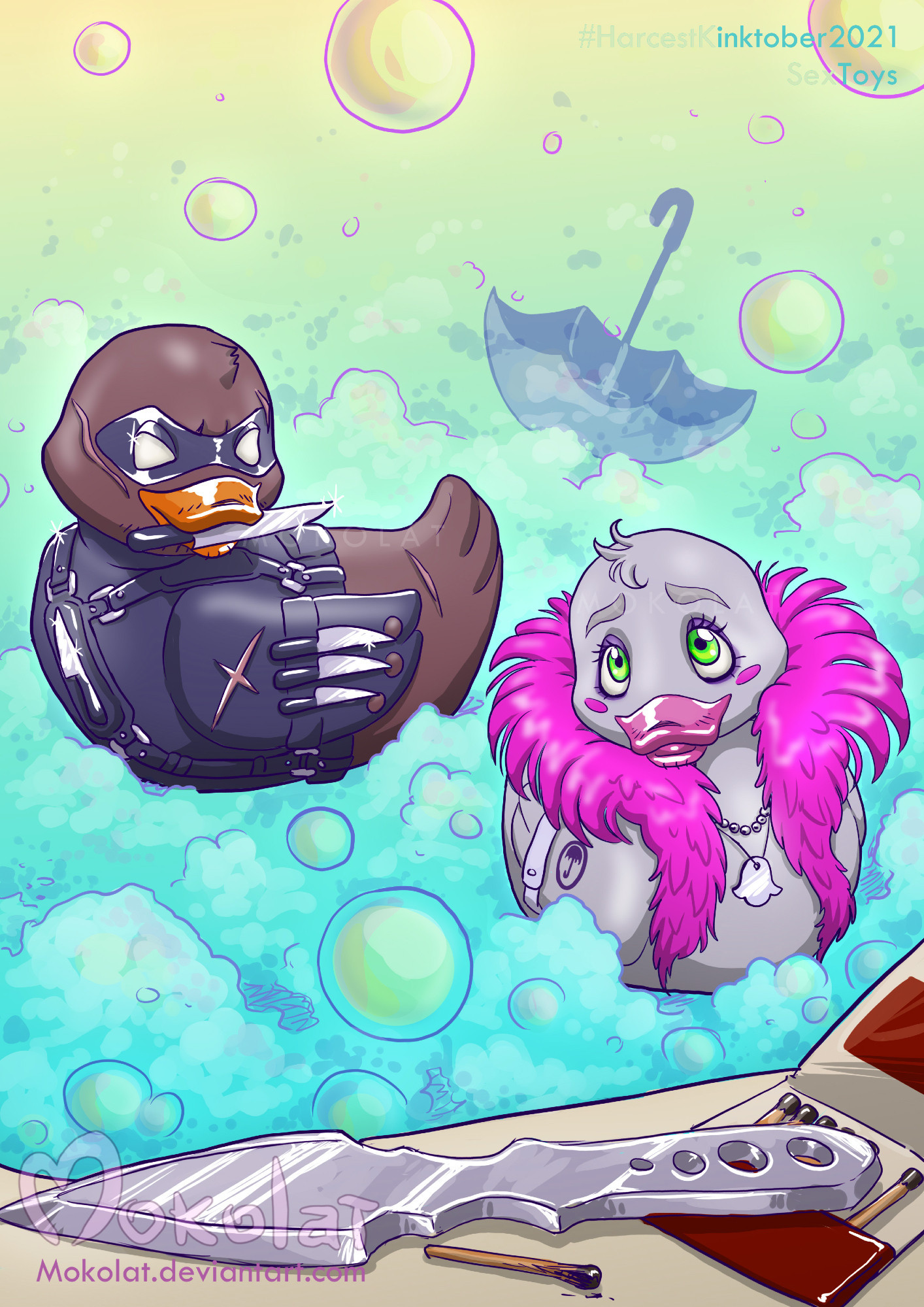 Colored digital illustration.
Two bath ducks with the appearance of Klaus and Diego (from "The Umbrella Academy" show). Klaus is a grey duck with a pink feathered scarf, a rehabilitation bracelet and eyeliners. Diego is a brown duck with his "heroe" uniform (black mask and suit) and attire, holding a knife in his beak. There an umbrella navigating through the bubble bath and on the foreground, lay on the bathtub, Diego's knife and Klaus match.

Illustration done in 2021 for the kinktober event : Harcestober.