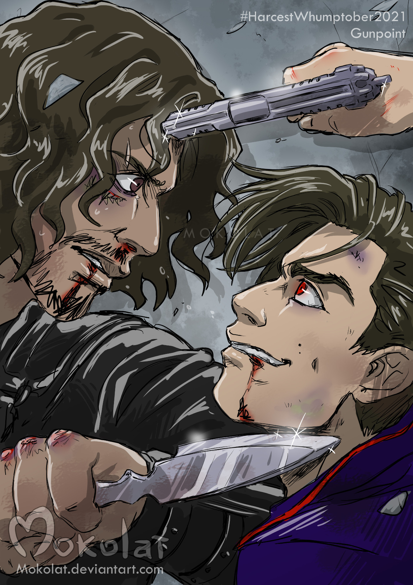 Colored digital illustration. 
Close up on Five and Diego (from netflix show "The Umbrella Academy") profils as they are facing each other, both threathening the other with an weapon. Diego presses one of his knife under Five jaw, against his throat, while Five his pressing a gun on Diego's forehead. They are in their S2 look (Diego with long hair, Five in his uniform). Seems that Five turned Evil as his eyes are glowing red and a creepy smile spread his face, blood leaking from the corner of his mouth, and Diego try to stop him, confused and angry face with his nose bleeding. 

Illustration done in 2021 for the inktober event : Whumptober (long time before any fight between these two as in S4~)