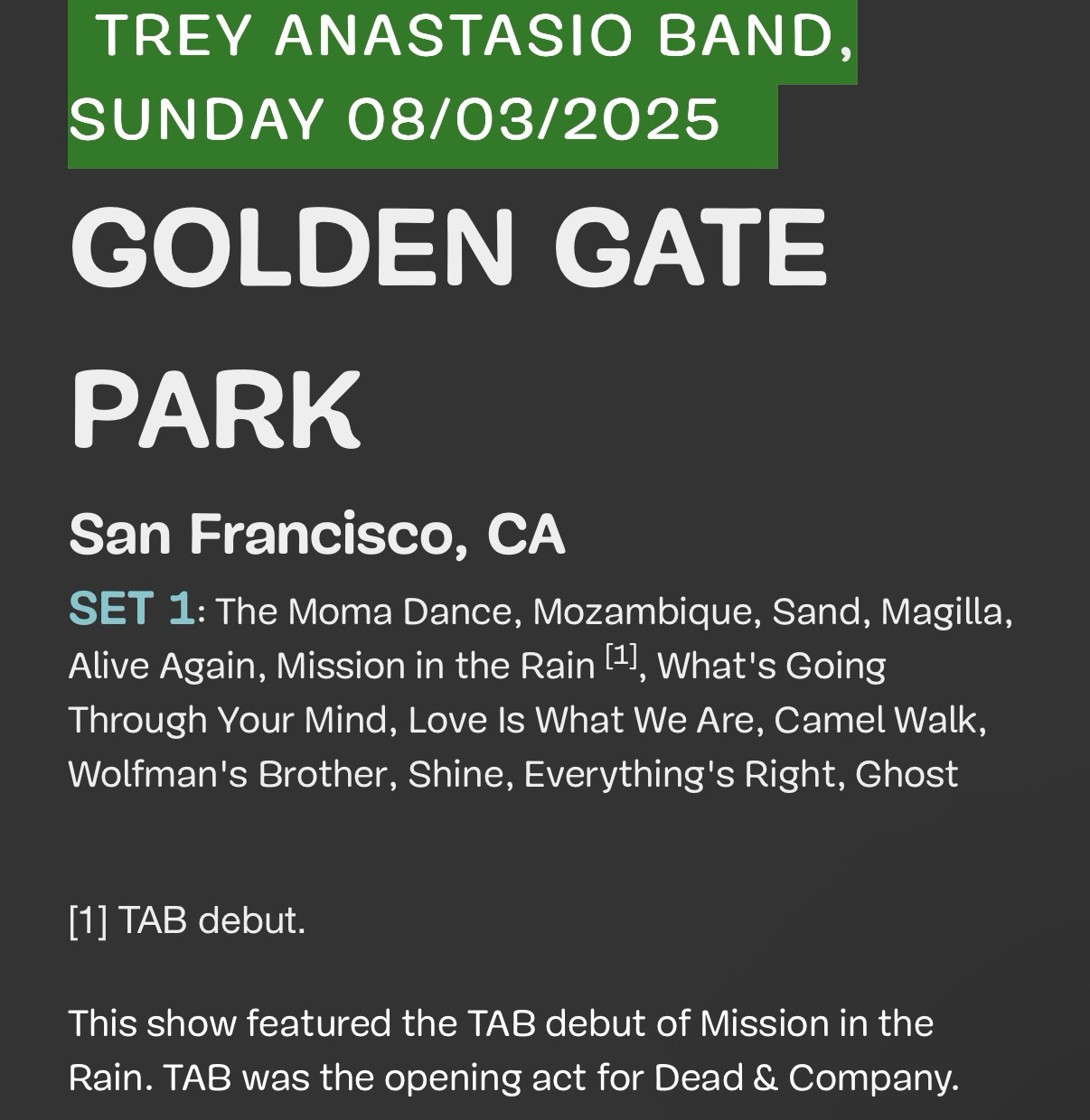 Today's TAB setlist 