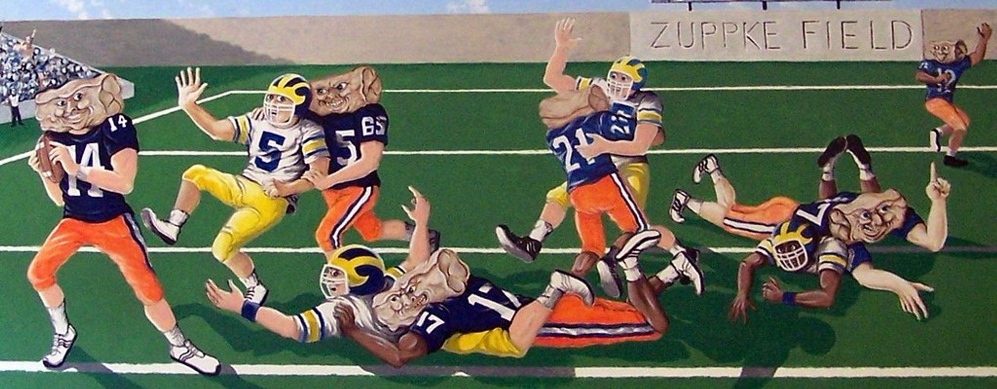 A terrifying mural from LaBambas in Champaign, IL. Burrito-headed football players