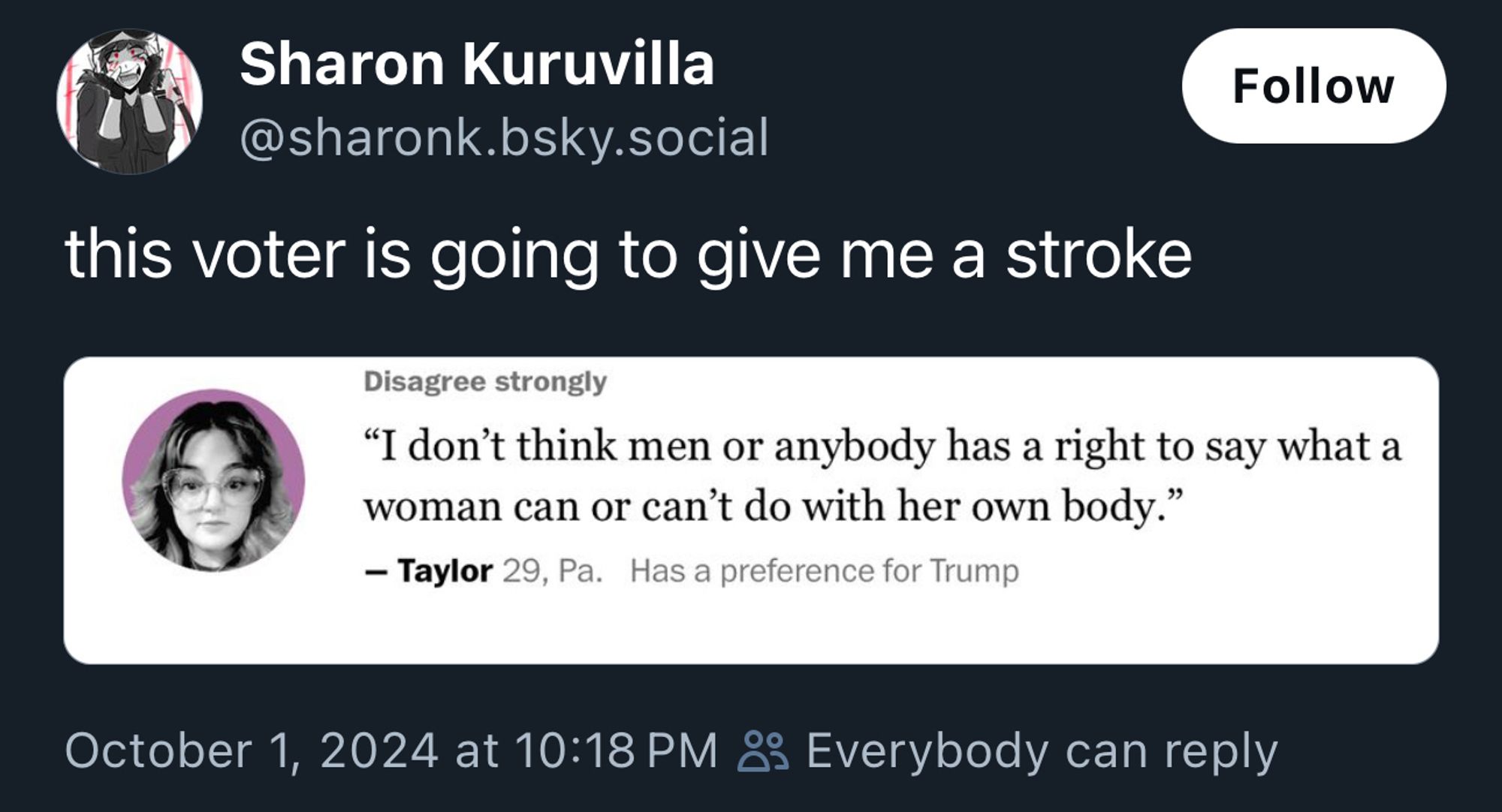 Quote from an “undecided voter”:
"I don't think men or anybody has a right to say what a woman can or can't do with her own body."
- Taylor 29, Pa. Has a preference for Trump