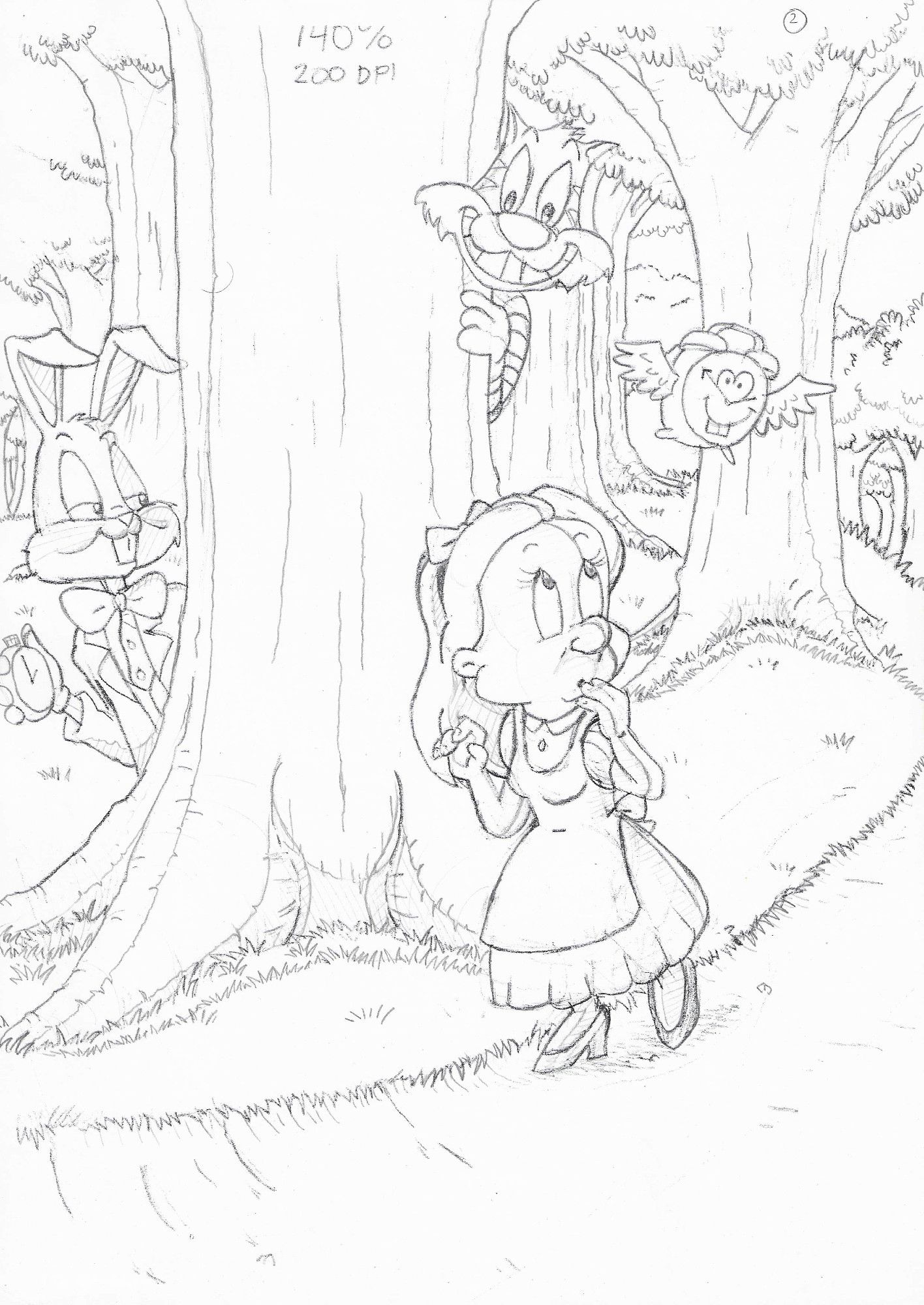 Pencil sketch of Elmer Fudd dressed up as Alice (from Alice in Wonderland), walking through a forest with Bugs Bunny dressed as the White rabbit and Sylvester the cat as The Cheshire Cat looking out from behind a tree.