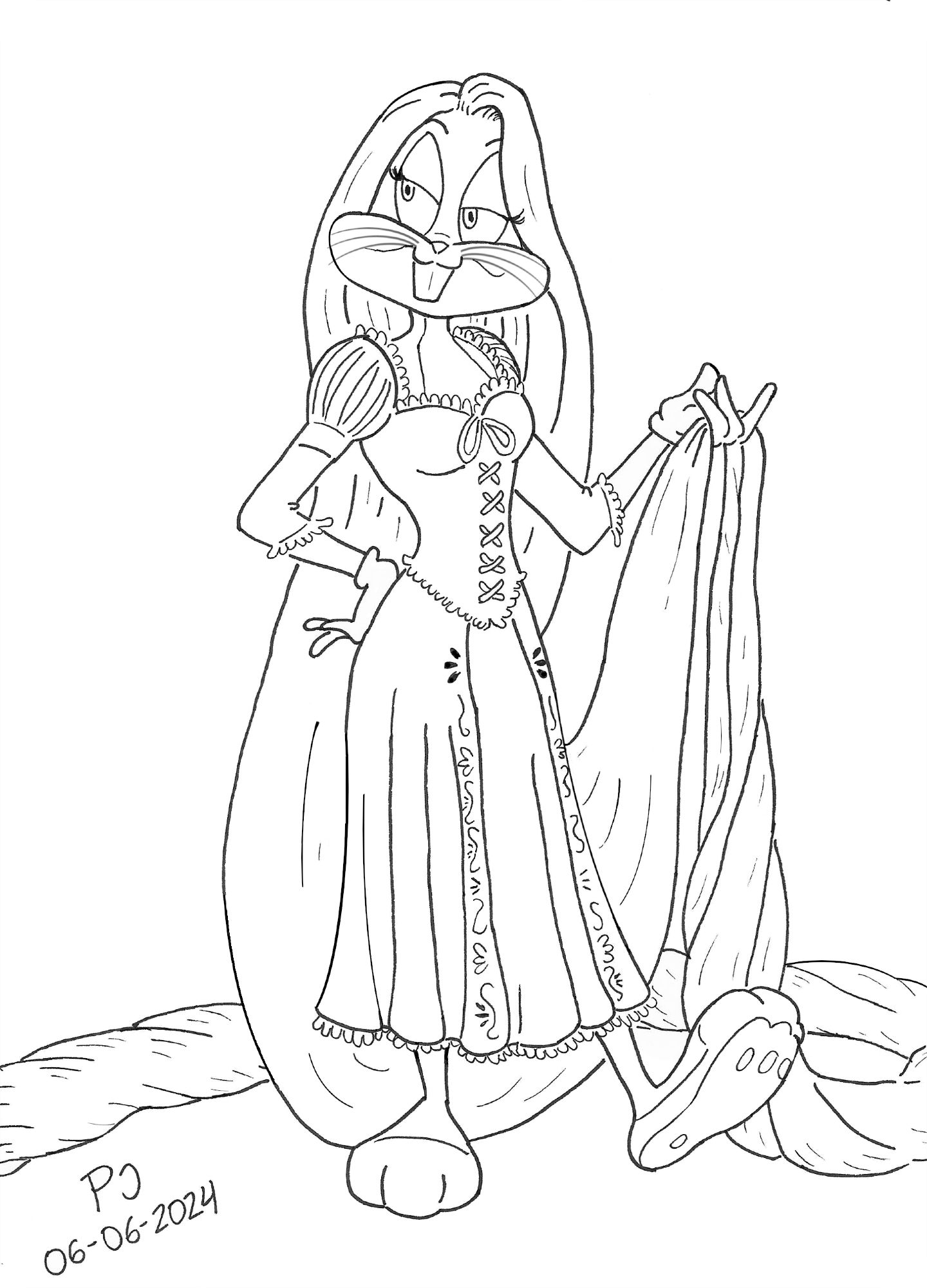 Line art of Bugs Bunny dressed up as Disney`s version of Rapunzel.