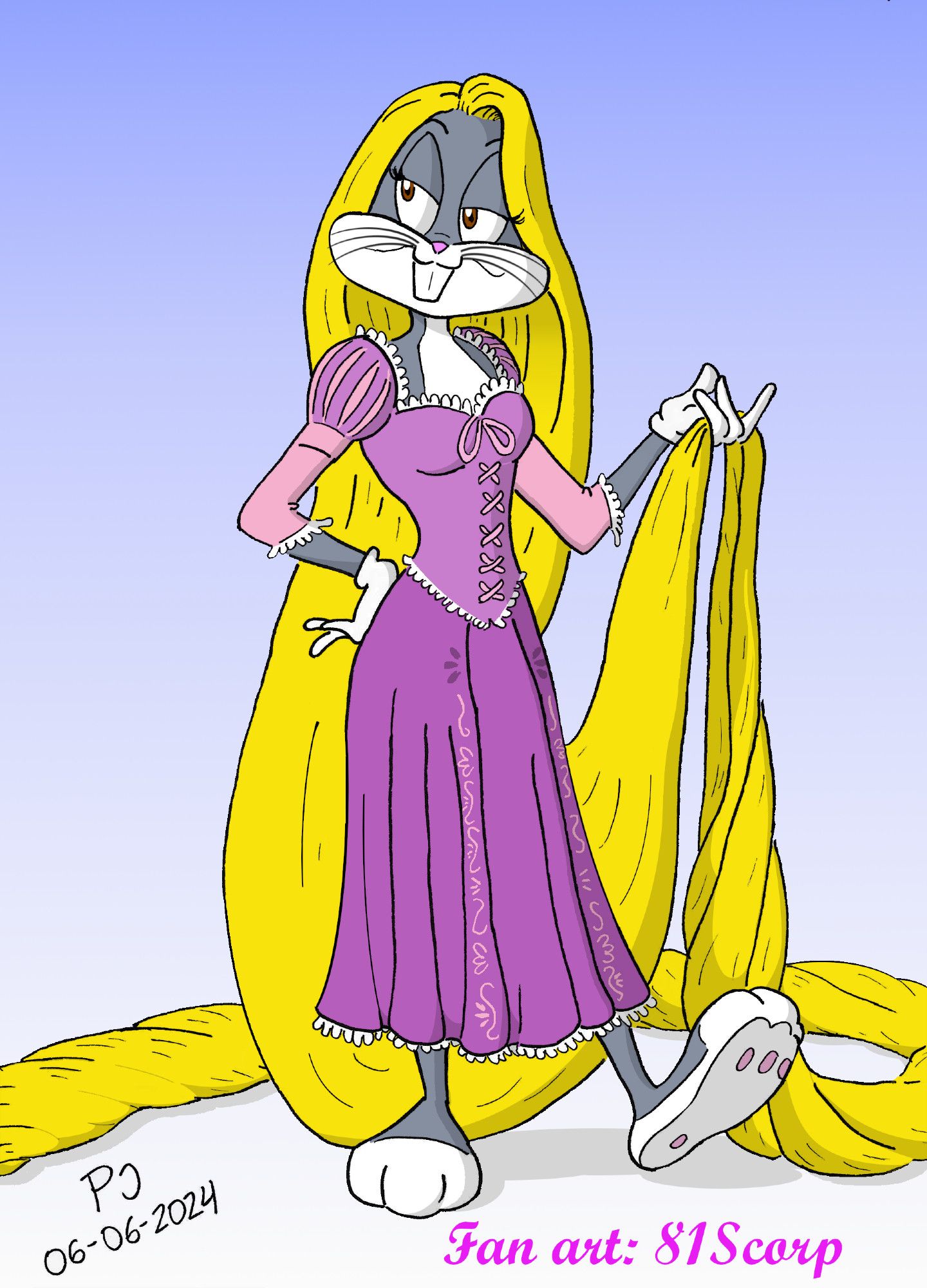 Bugs Bunny dressed up as Disney`s version of Rapunzel