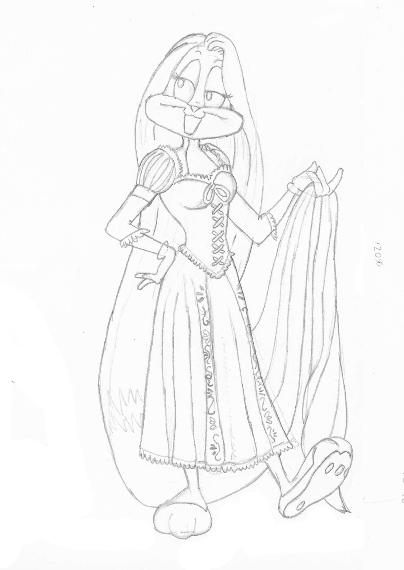 Pencil sketch of Bugs Bunny dressed up as Disney`s version of Rapunzel.