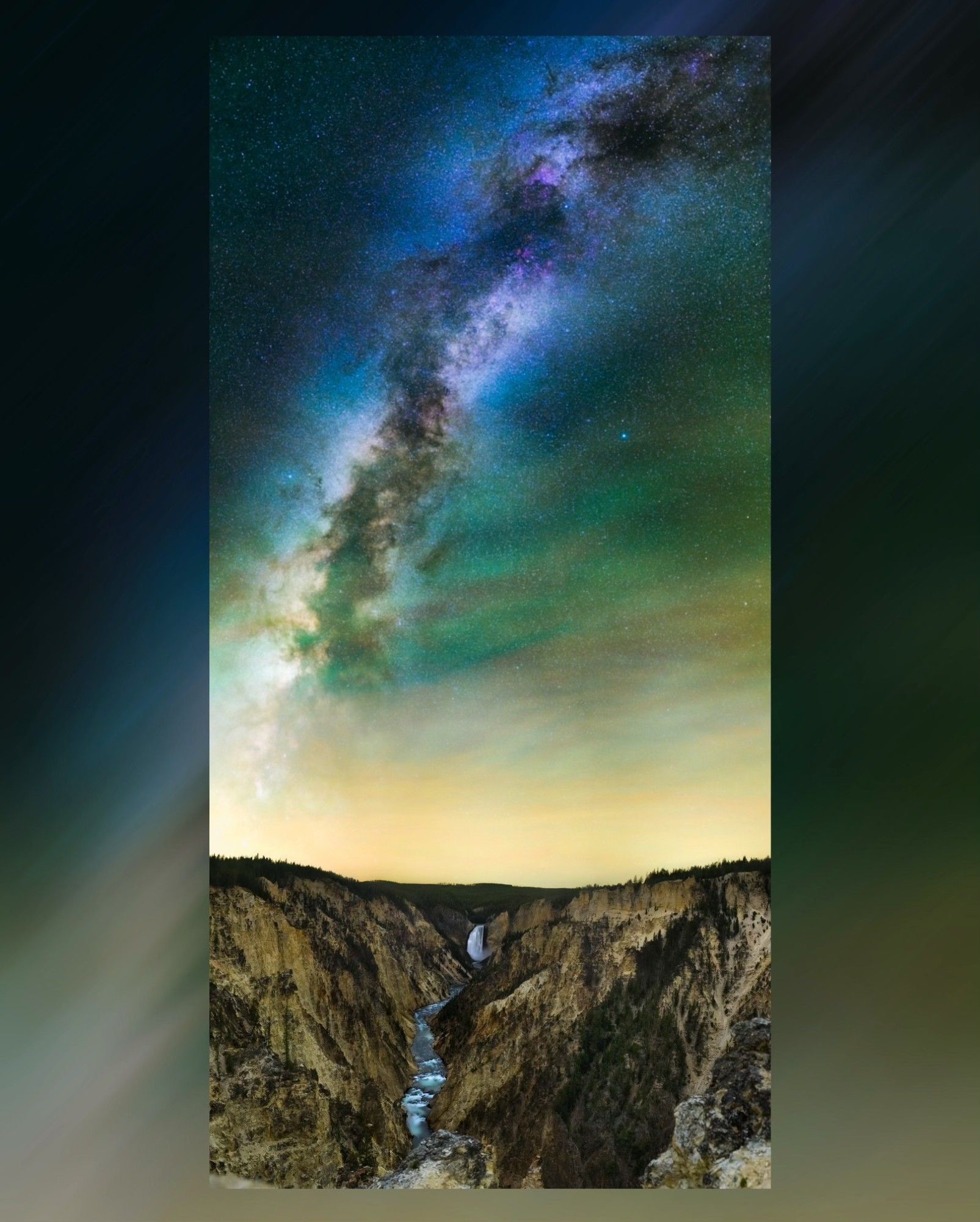 The Milky Way shines through an incredible airglow display over Yellowstone’s Lower Falls