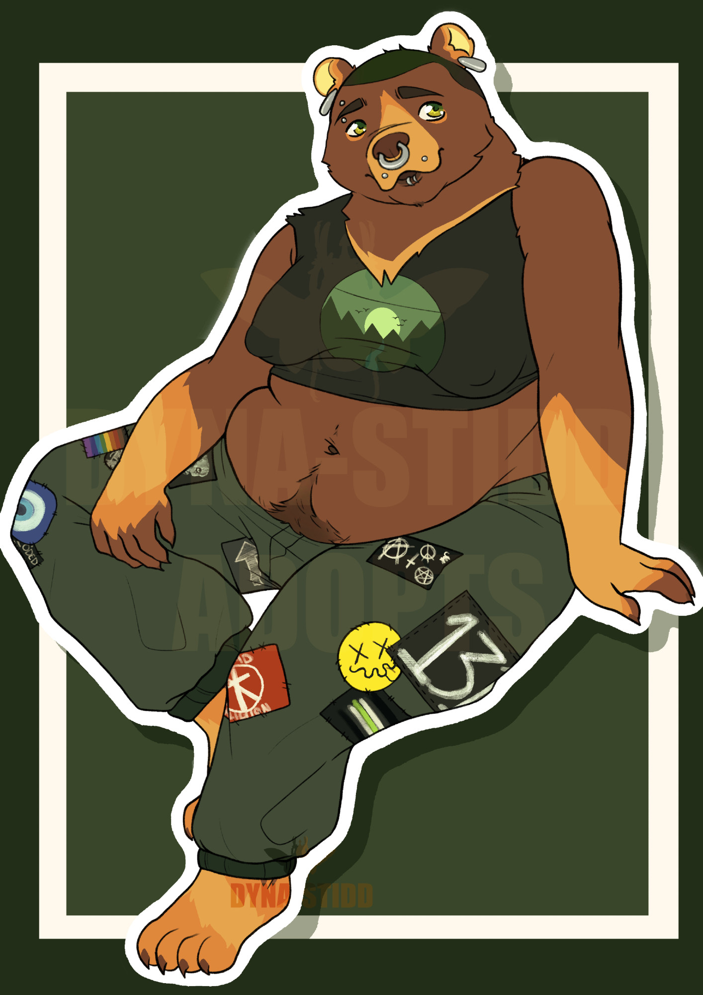 The same brown bear furry as before, clothed in a deep forest-green cropped muscle shirt with a circular forest print in the center of the chest which exposes their belly, and mid olive green jogger-style cargo pants with various patches hand-sewn on (including a hand-painted agender flag patch under a hand-painted 1312 patch; a patch with various anarchy, antichristian, pentagram, and frightened cat logos drawn on; a red 'BAD RELIGION' patch with the Christian cross marked out; a blue evil eye on their right knee; a hand-painted MISFITS patch on their upper thigh; and a progress pride flag on their mid thigh)