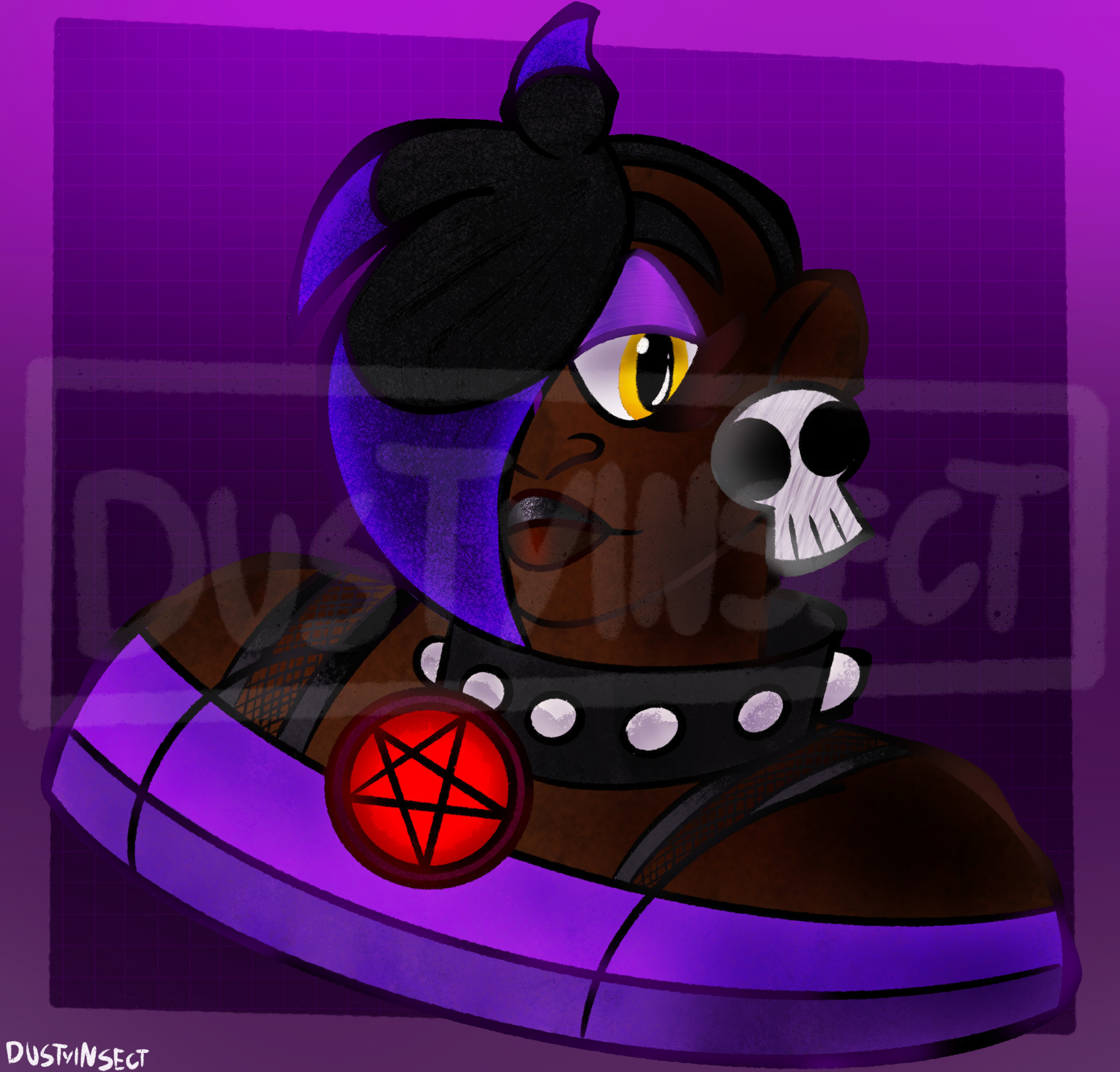 Illustrative piece of bust shot, skull earring, bangs covering left eye. Yellow eye and purple shaded lid. Spiked collar with a red star crossed shape tag in the middle, striped shirt.