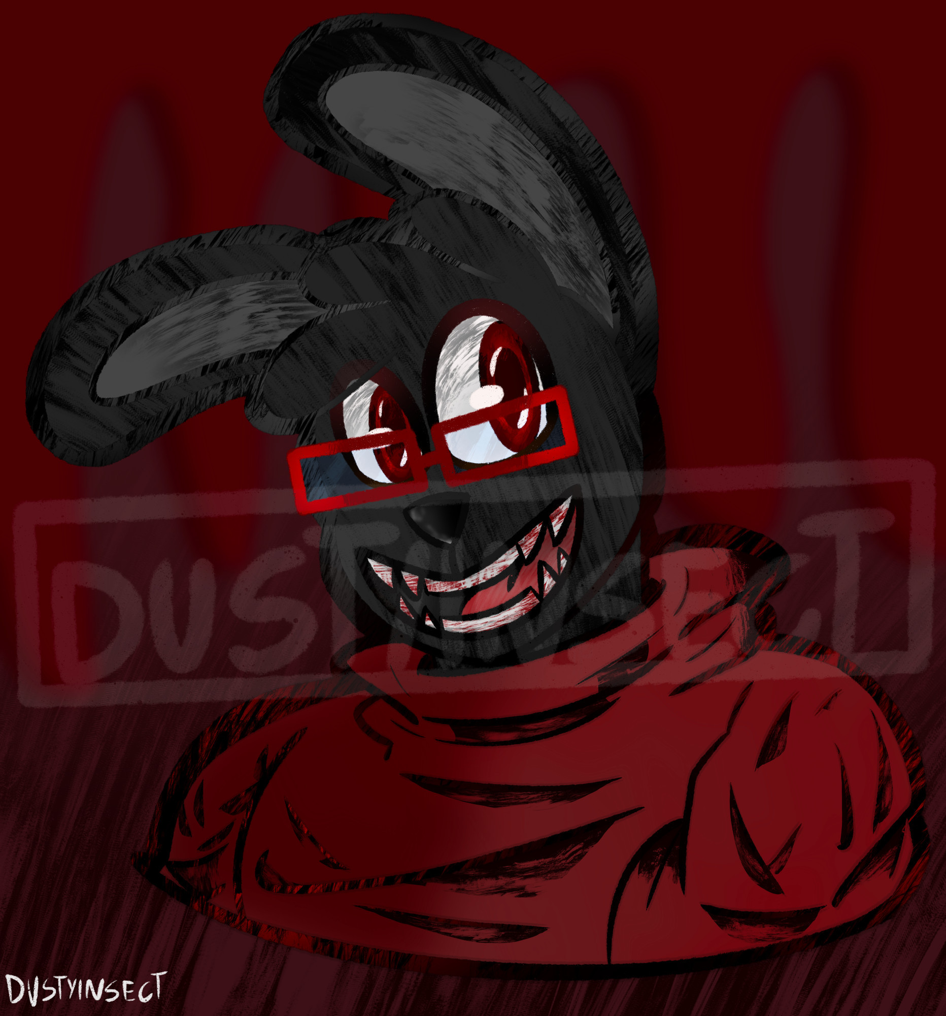 Rabbit character, illustrative piece of bust shot. Rabbit anthro with pointed teeth and glasses, shaded, lines also textured in a style. Teeth covered in blood, red eyes