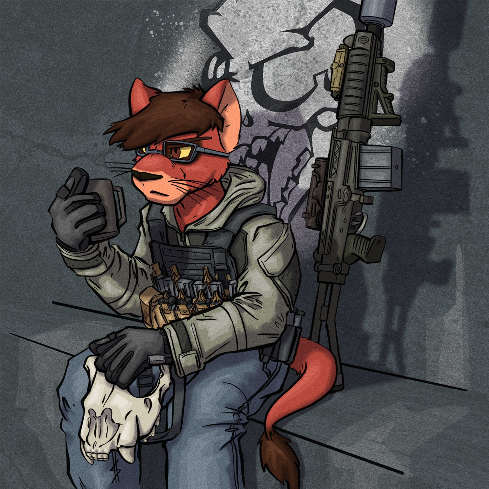 WFTC141's Werelion OC, sitting down wearing tactical gear and holding onto a lion skull mask. He has a cup of coffee in his other hand. Behind him against the wall is a SA58, a clone of the FN FAL. The wall has a threatening dog skull spray painted onto it.