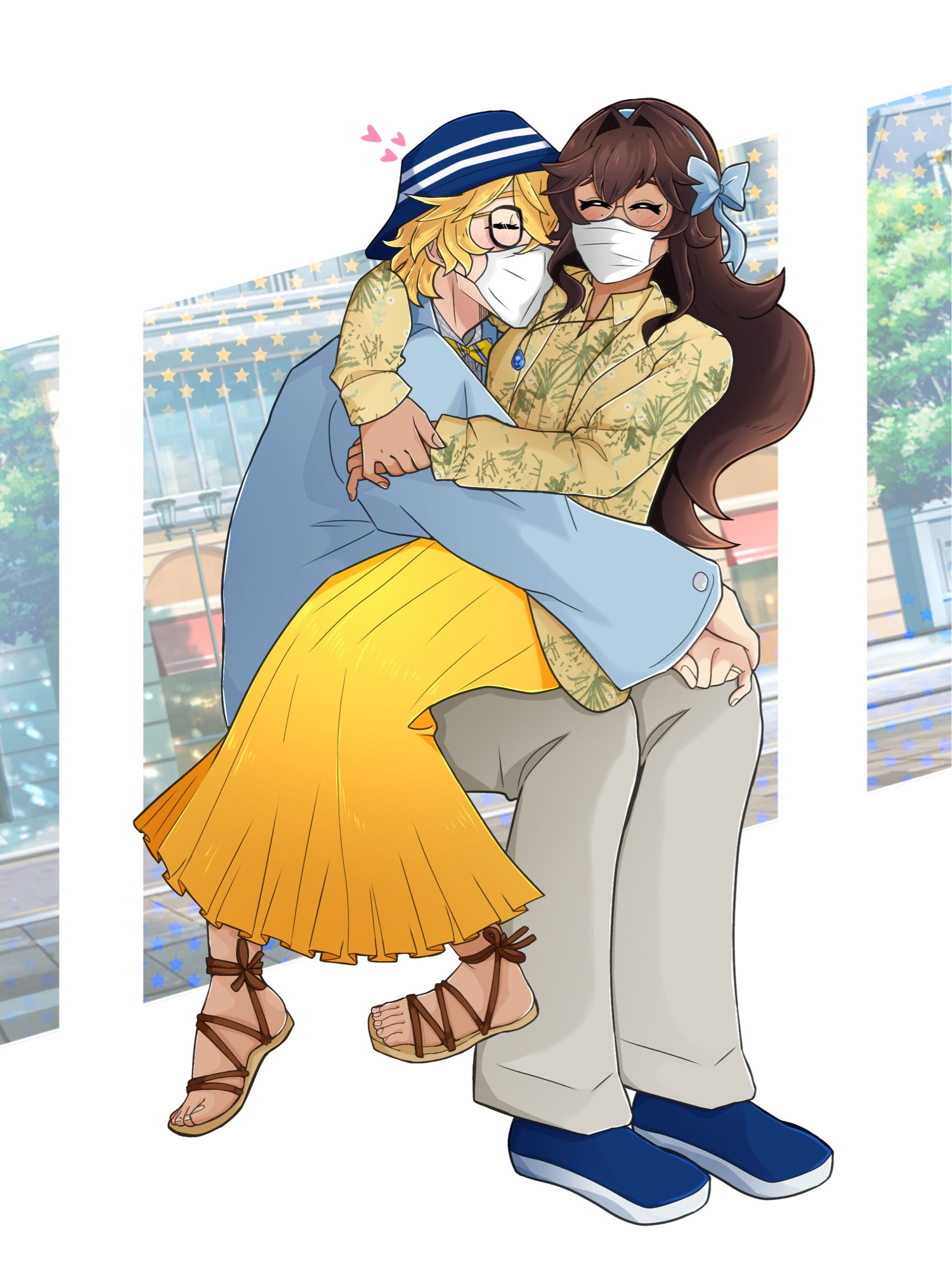 Natsuki Shinomiya is holding Ammy's self insert, they are bothing wearing KM clothes. Natsuki is wearing a blue coat, with grey pants, and a dark blue bucket hat and shoes. Ammy is wearing a coat and collared shirt with a plant pattern, with a yellow skirt and brown sandals. Xe also have a ribbon that matches the same color as Natsuki's coat. They're both wearing face masks.