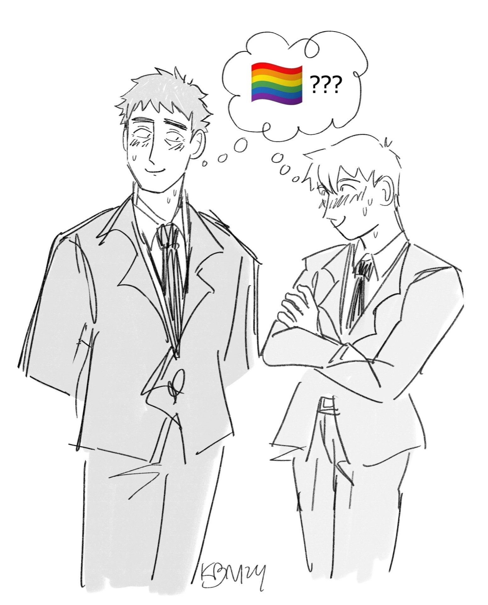 A drawing of Reigen and Serizawa from Mob Psycho 100. The drawing is loose and sketchy and shaded with light grays. Serizawa is standing on the left with his arms behind his back, looking at Reigen with a small smile. Reigen is standing on the right with his arms crossed. They're both blushing and sweating. A thought cloud comes from both of their heads with the gay flag emoji and three question marks inside.